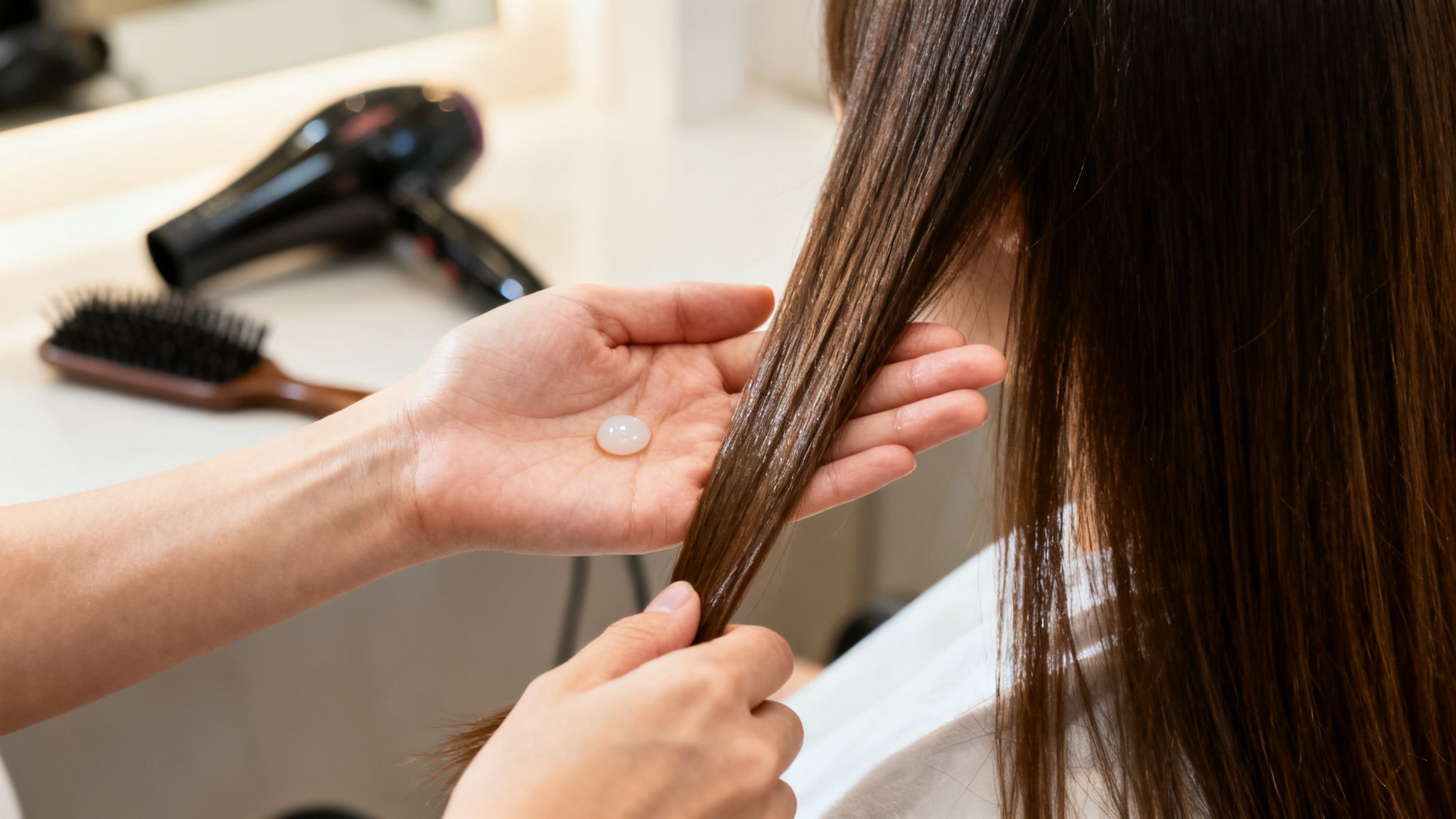 A person applies a clear leave-in conditioner to a long strand of wet, brown hair.