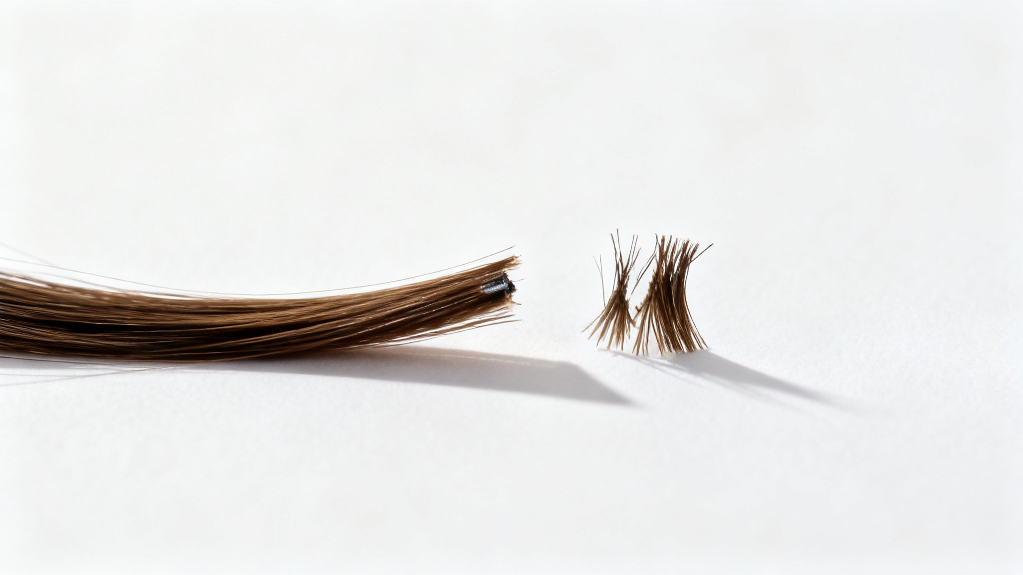 A close-up image showing a brown hair strand broken into two pieces on a white background.