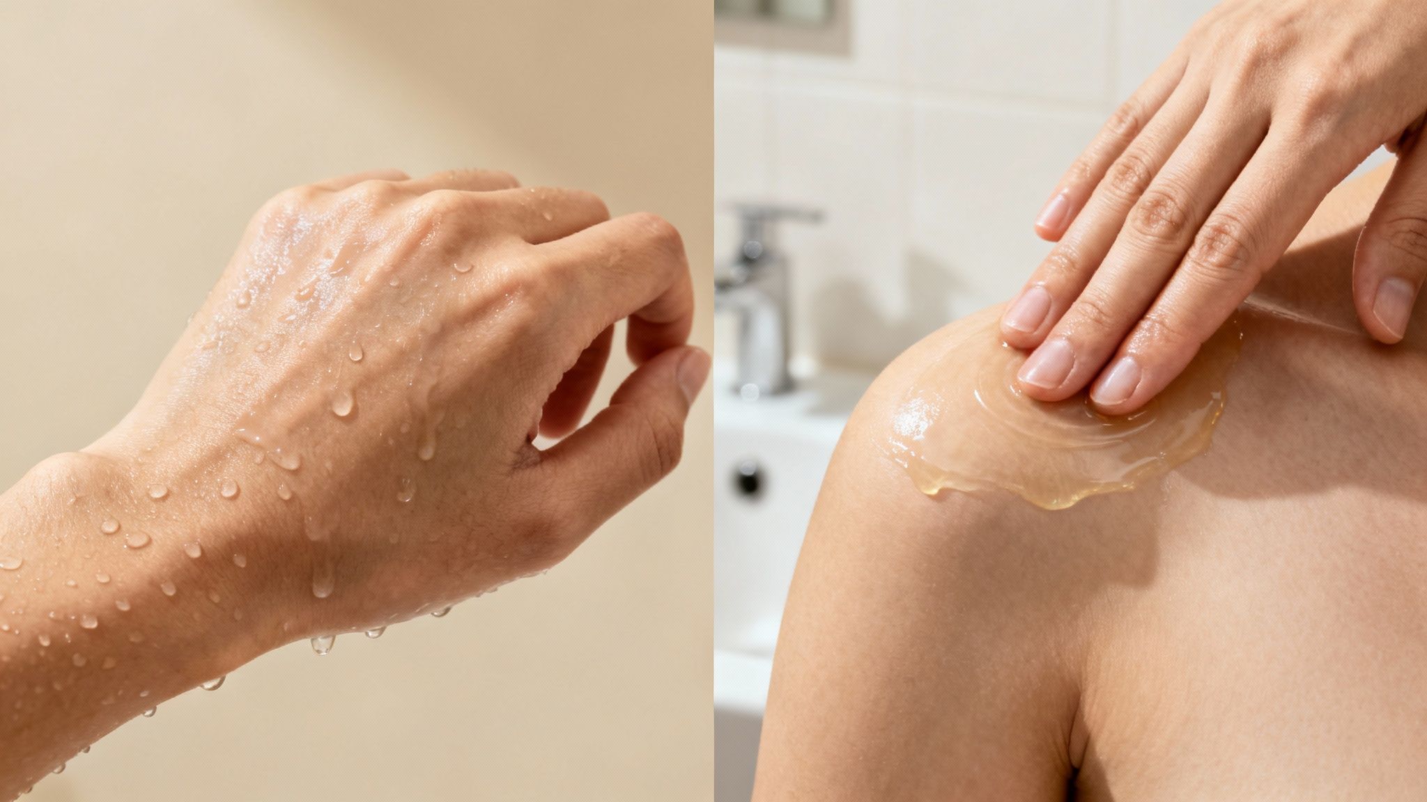 Henkilön märkä käsi vesipisaroiden kanssa ja toinen käsi levittämässä ihonhoitogeeliä olkapäälle.