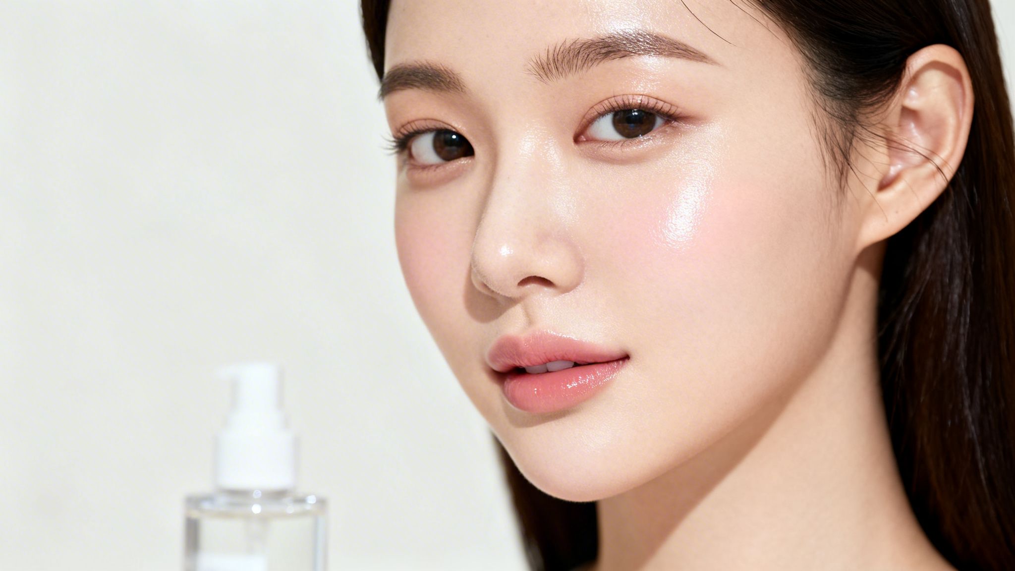 Close-up of a young woman with natural makeup and glowing skin, next to a skincare product.