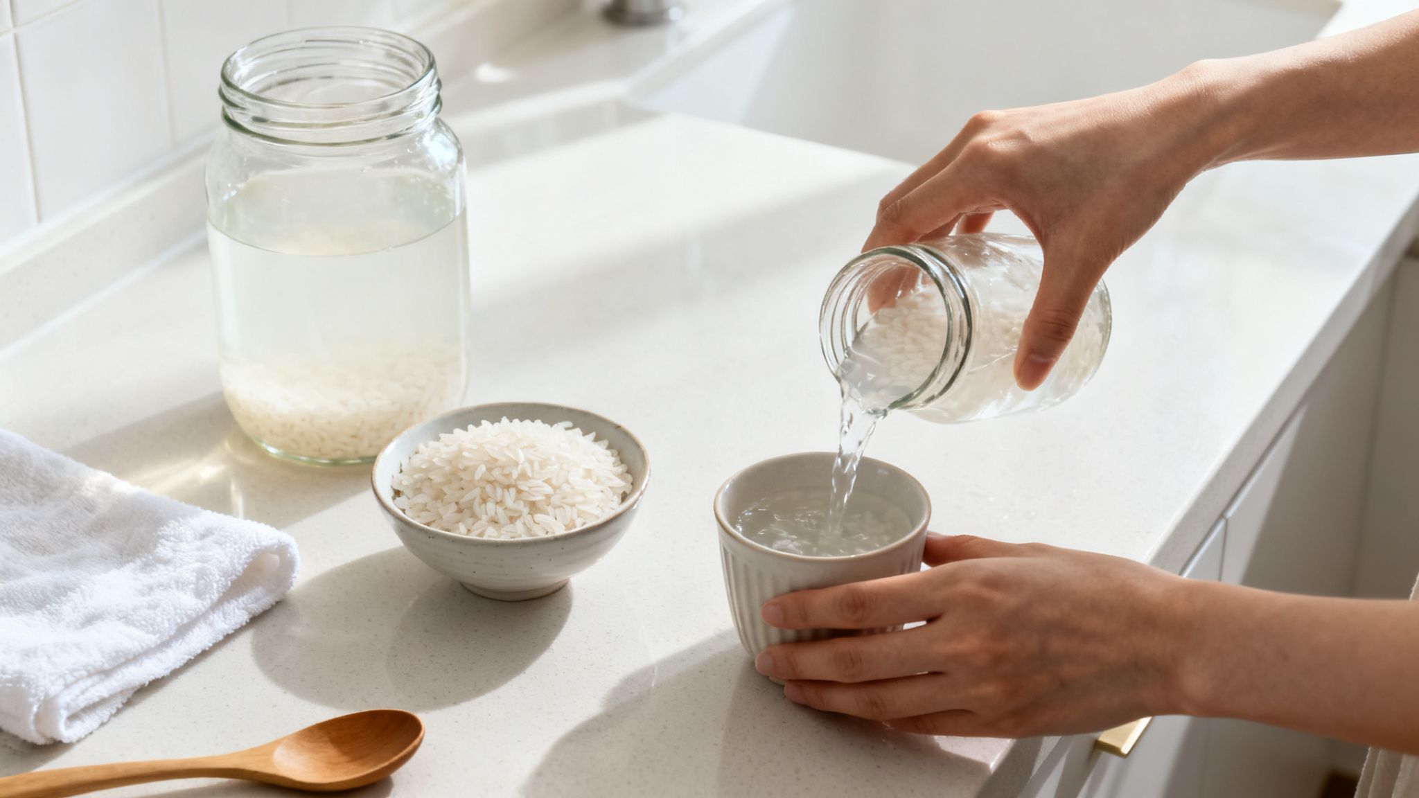 Une personne verse de l'eau de riz maison d'un bocal en verre dans une petite tasse sur un comptoir de cuisine.