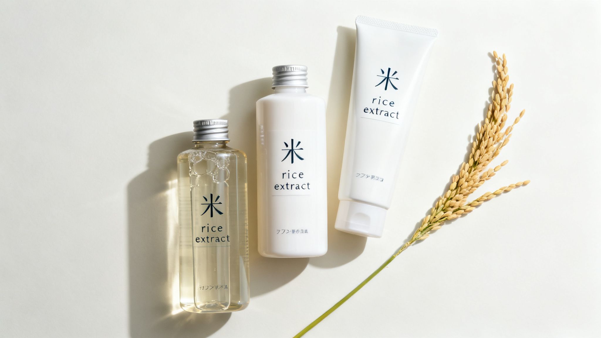 Trois bouteilles blanches et transparentes de produits de soin à l'extrait de riz avec une tige de riz.