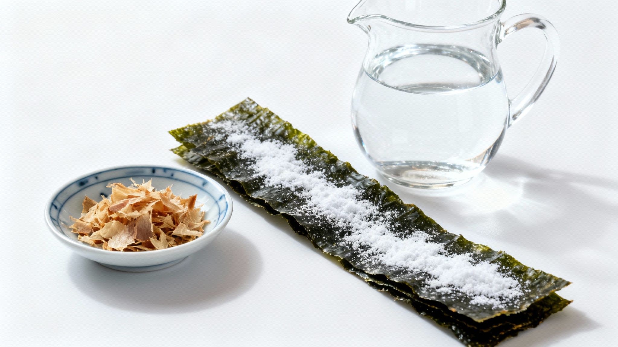 Ingredientes para hacer caldo dashi: alga kombu seca con polvo blanco, copos de bonito y agua.