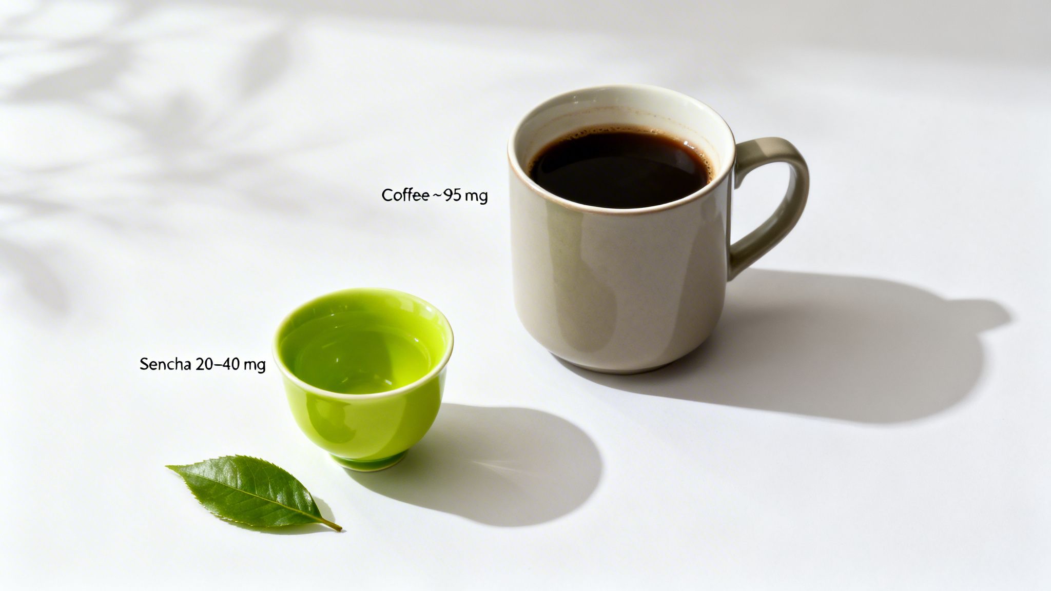 Une tasse de café avec 95 mg de caféine à côté d'une tasse de thé sencha avec 20-40 mg de caféine, à côté d'une feuille de thé.