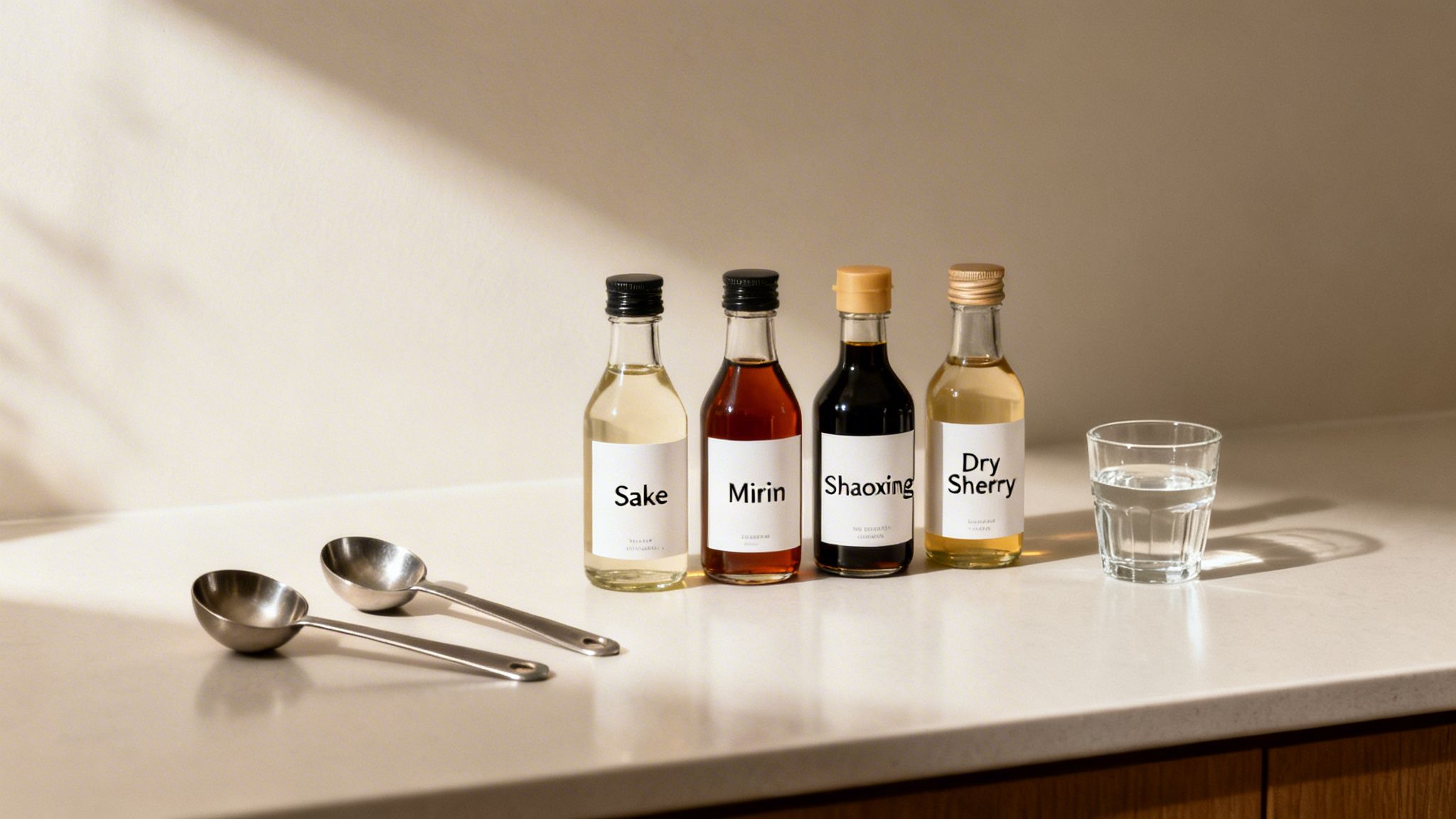 Four small bottles of sake, mirin, shaoxing, and dry sherry with measuring spoons and water on a countertop.