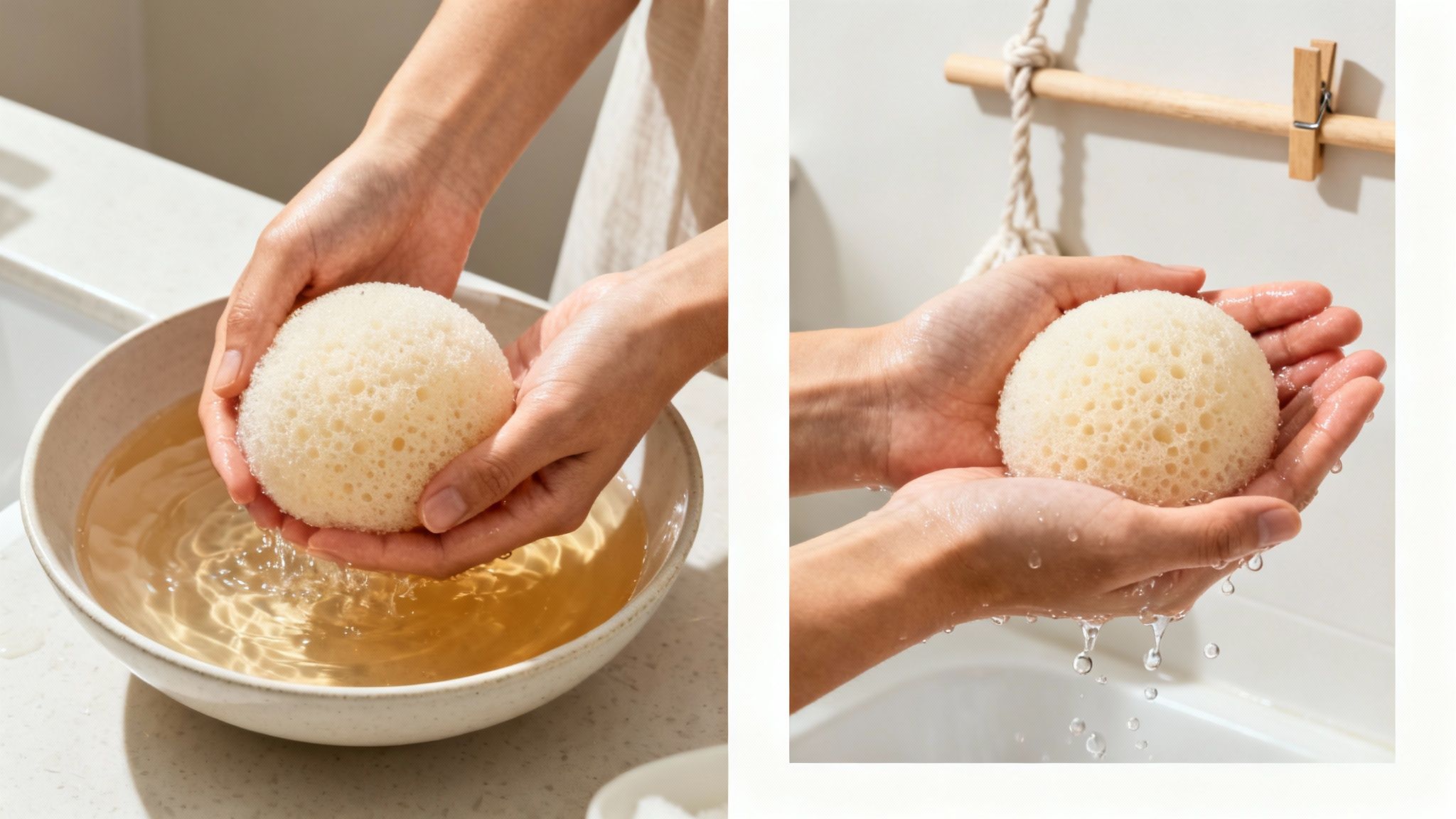 Hands holding a natural konjac sponge, submerging it in water, then gently squeezing it over a sink.