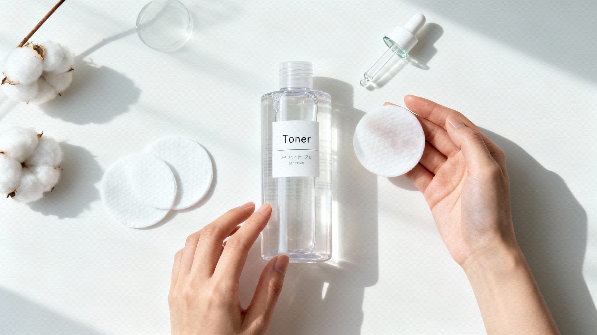 Manos sosteniendo una botella transparente de tónico y un disco de algodón sobre una mesa blanca con capullos de algodón.