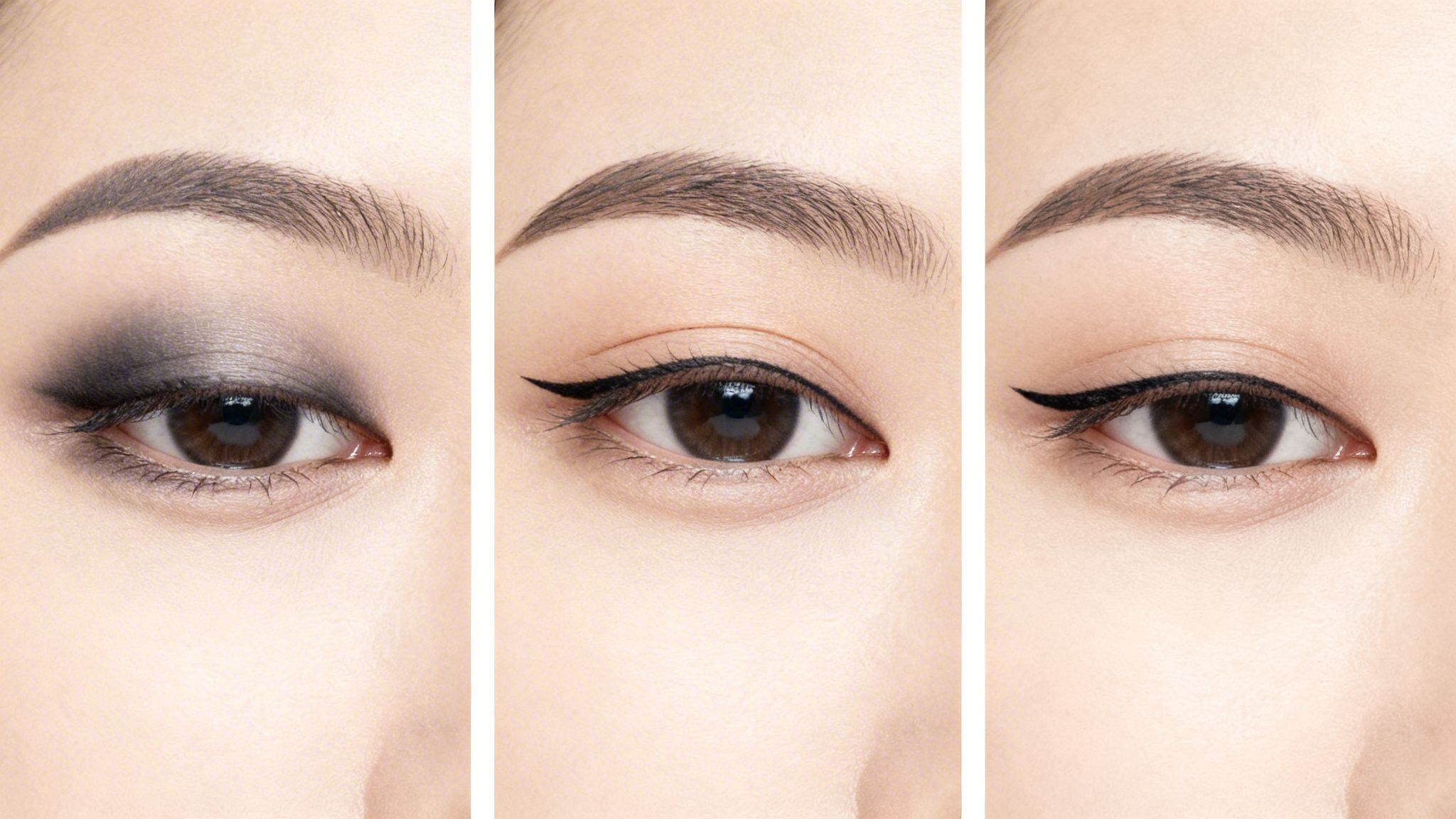 Three close-up views of an Asian eye demonstrating smoky eye and winged eyeliner makeup styles.