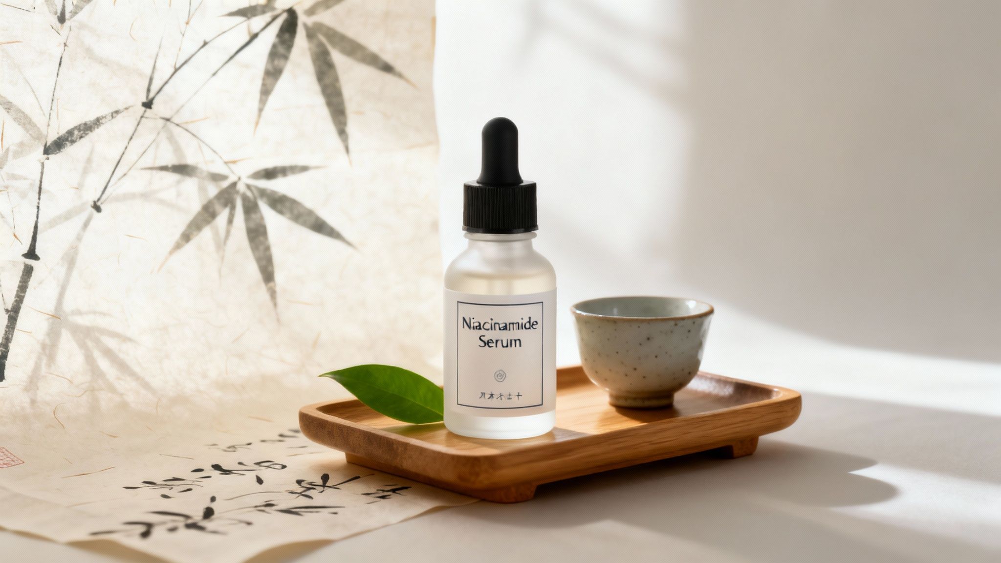 Niacinamide Serum bottle on a wooden tray with a leaf and a ceramic cup, against a bamboo painting.