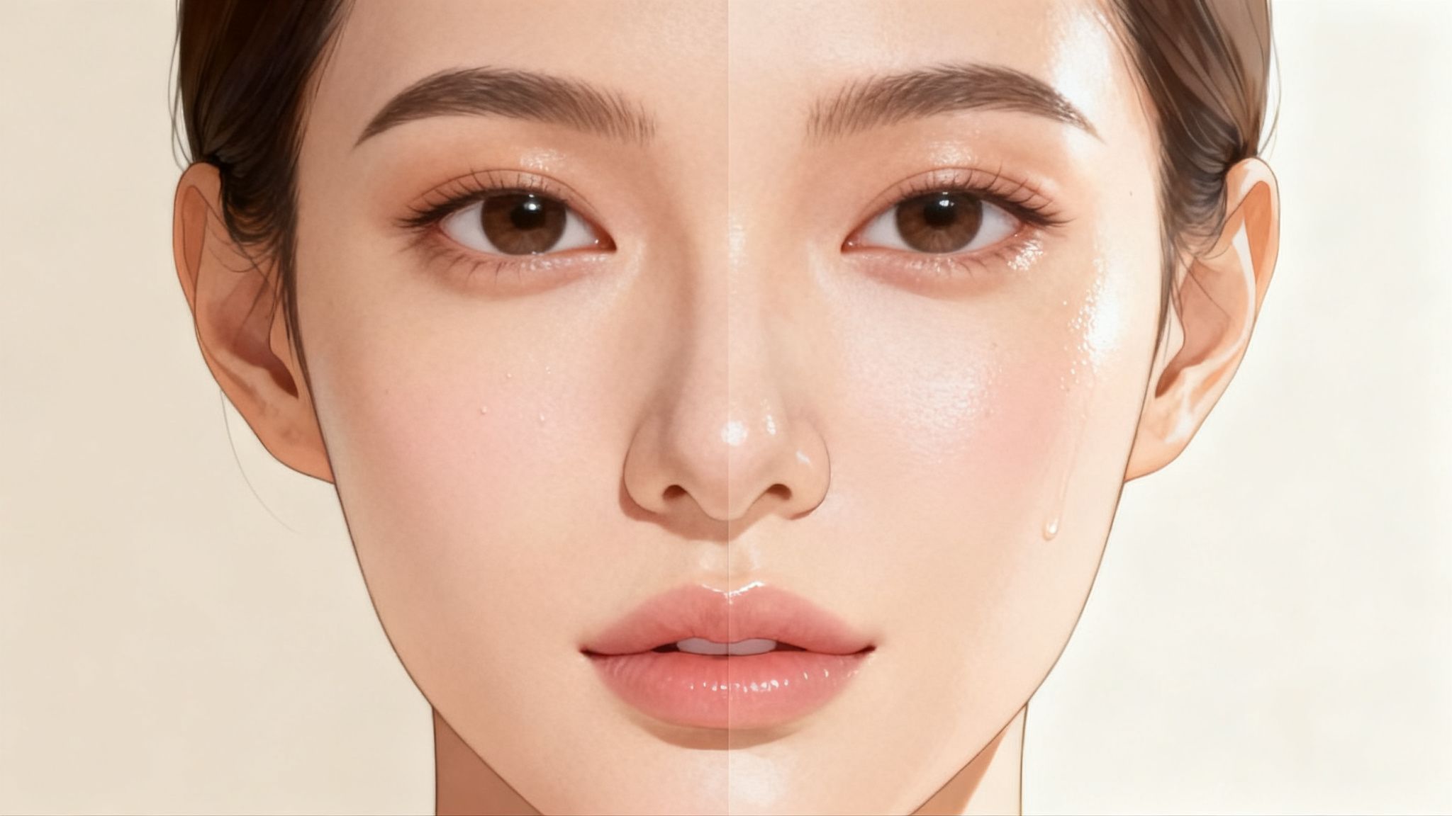 Close-up do rosto de uma mulher, dividido, comparando pele hidratada e luminosa com pele mate e gotas de água.