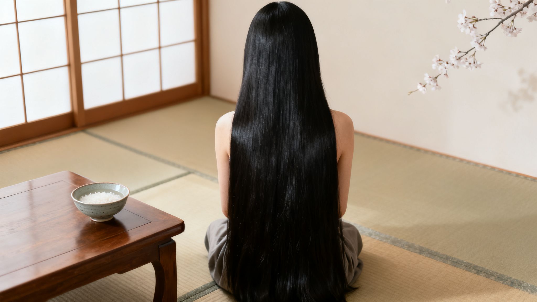 Une femme aux longs cheveux noirs brillants est assise dans une pièce japonaise, un bol d'eau de riz posé sur une table basse.