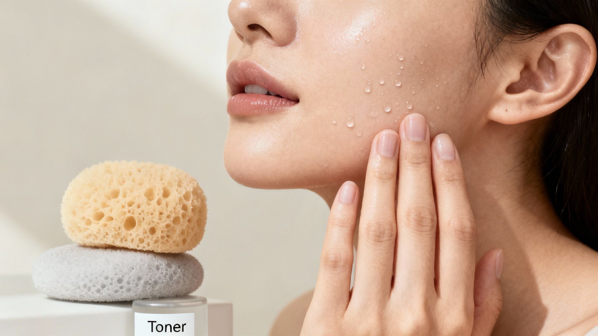 Primer plano del rostro hidratado de una persona con gotas de agua, tocando su mejilla, junto a esponjas de cuidado facial y tónico.