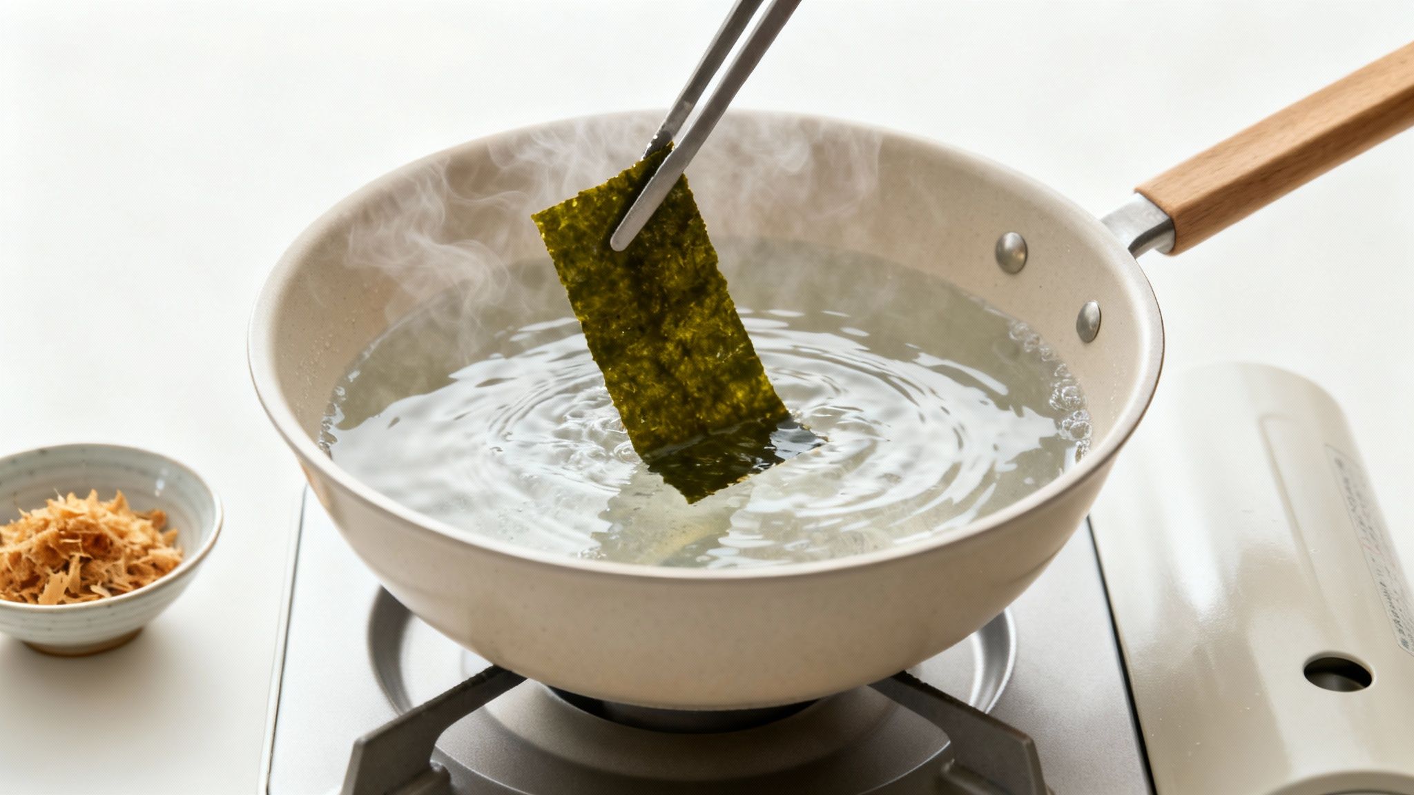 Palillos sumergiendo una hoja de alga nori en una olla humeante de agua para caldo dashi.
