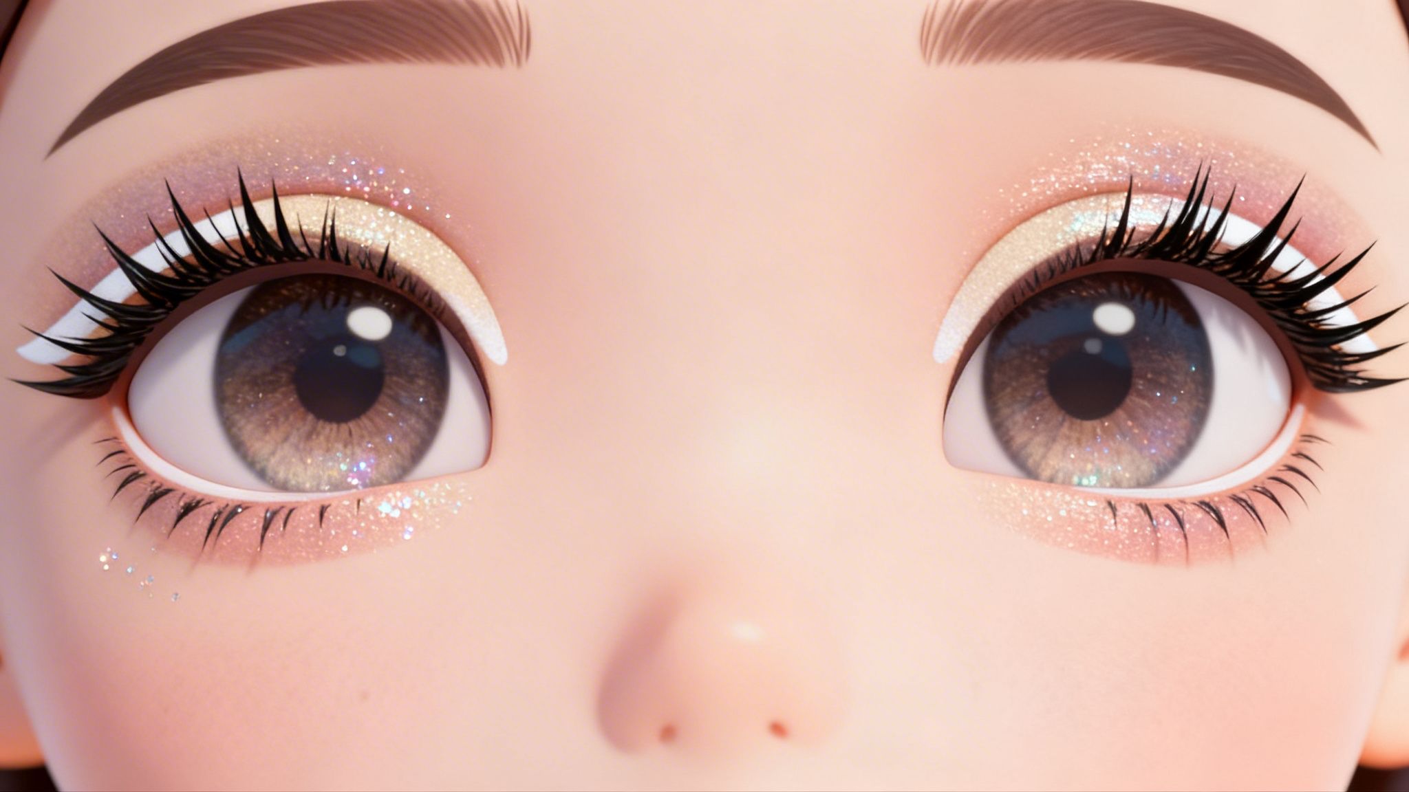 Close-up of anime eyes with glittery eyeshadow, long eyelashes, and white eyeliner, showcasing a detailed makeup look.