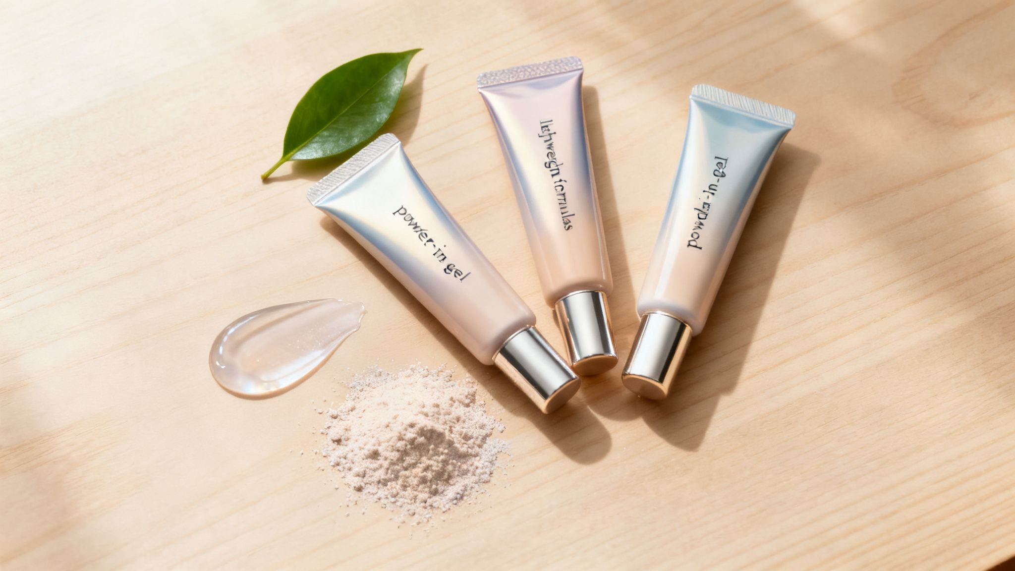 Três tubos cosméticos com tampas metálicas, um gel transparente, pó e uma folha verde sobre madeira.