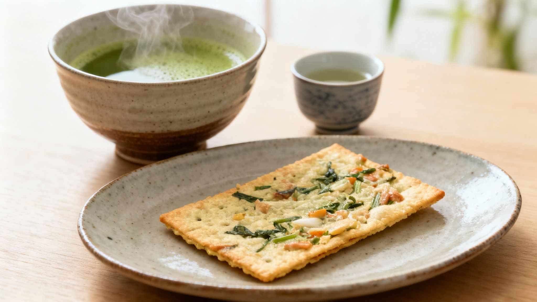 Steaming green matcha tea, small tea cup, and a savory rectangular cracker on a wooden table.