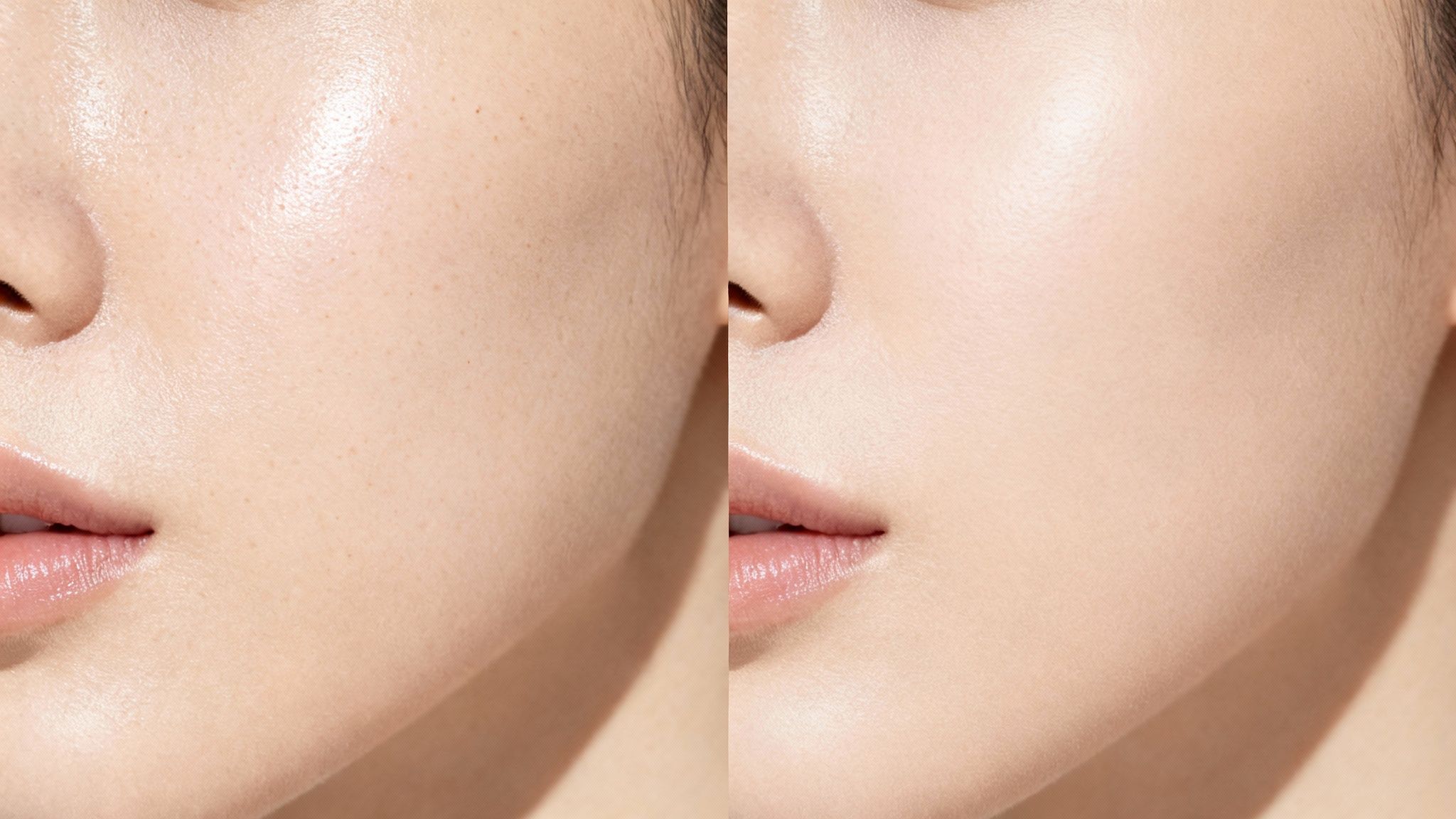 Before and after comparison of skin, showing improved texture, reduced pores, and enhanced smoothness.