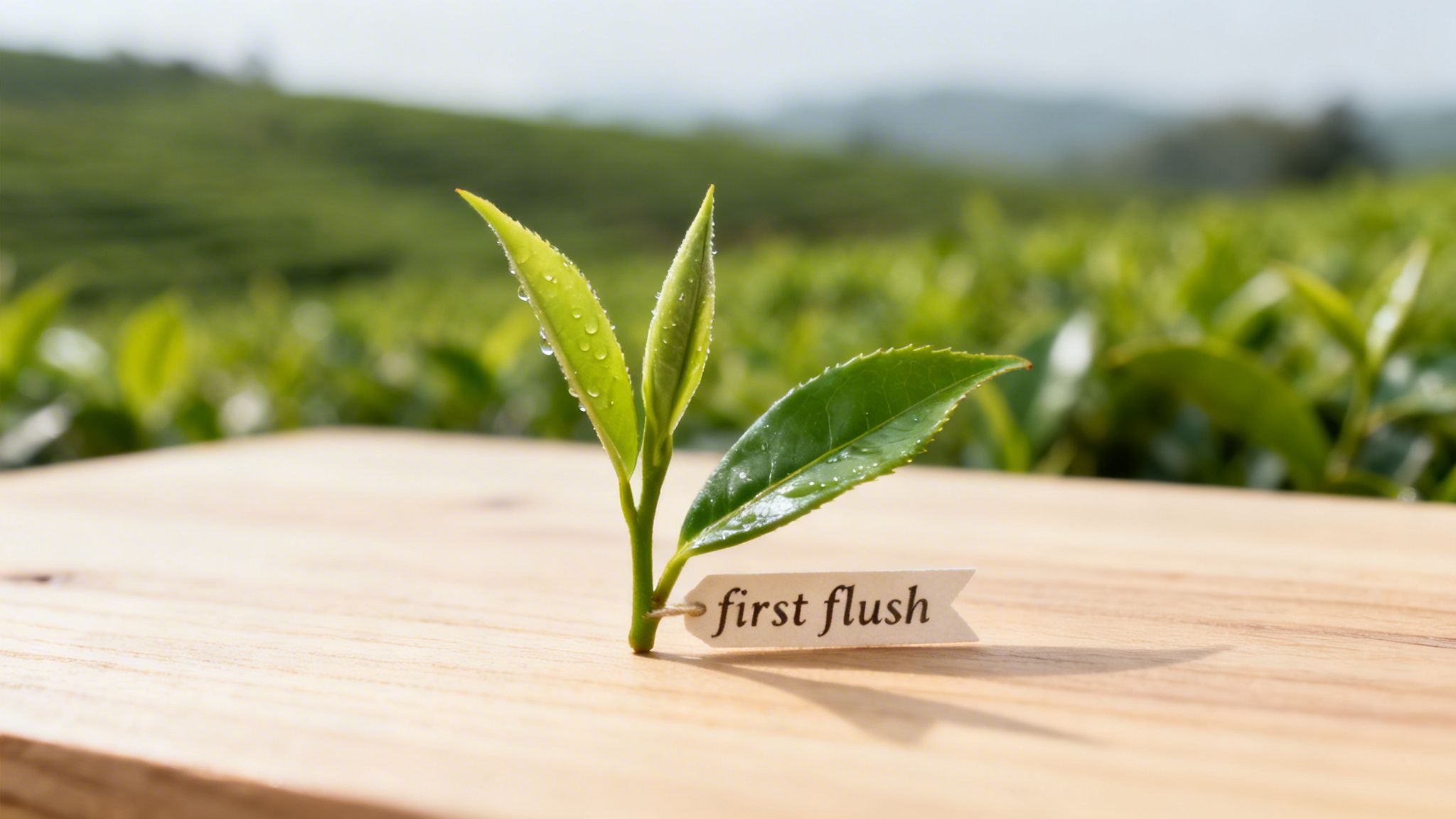Gros plan sur une pousse de thé vert fraîche avec des gouttes d’eau et une étiquette « première récolte » sur bois, avec une plantation de thé floue en arrière-plan.