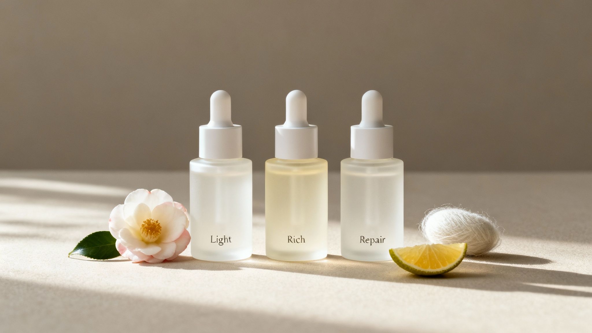 Three cosmetic serum dropper bottles labeled Light, Rich, Repair, with a camellia, silk, and lime.