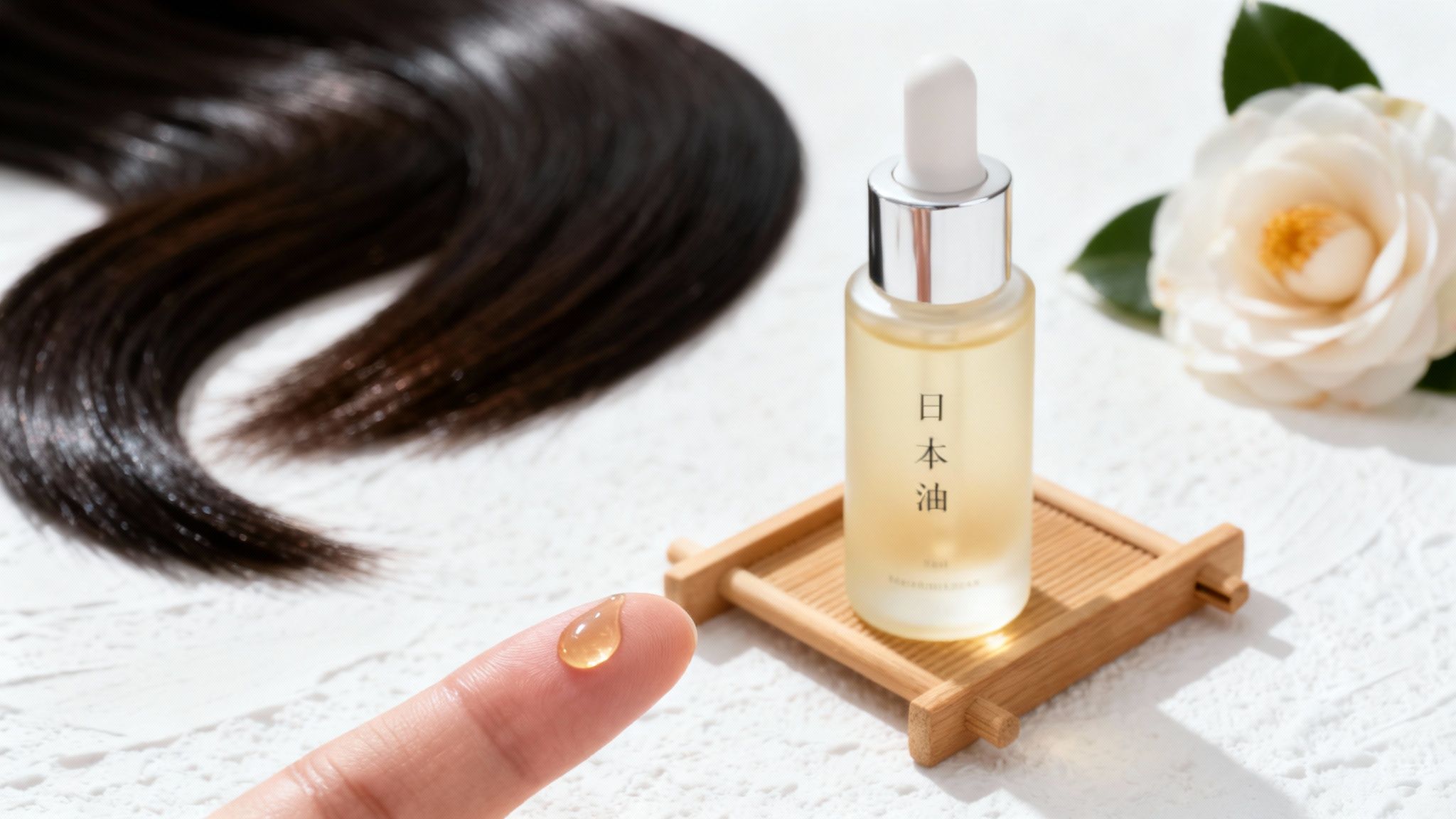 Hand holding a drop of golden hair oil, next to a bottle, shiny dark hair, and a white camellia.