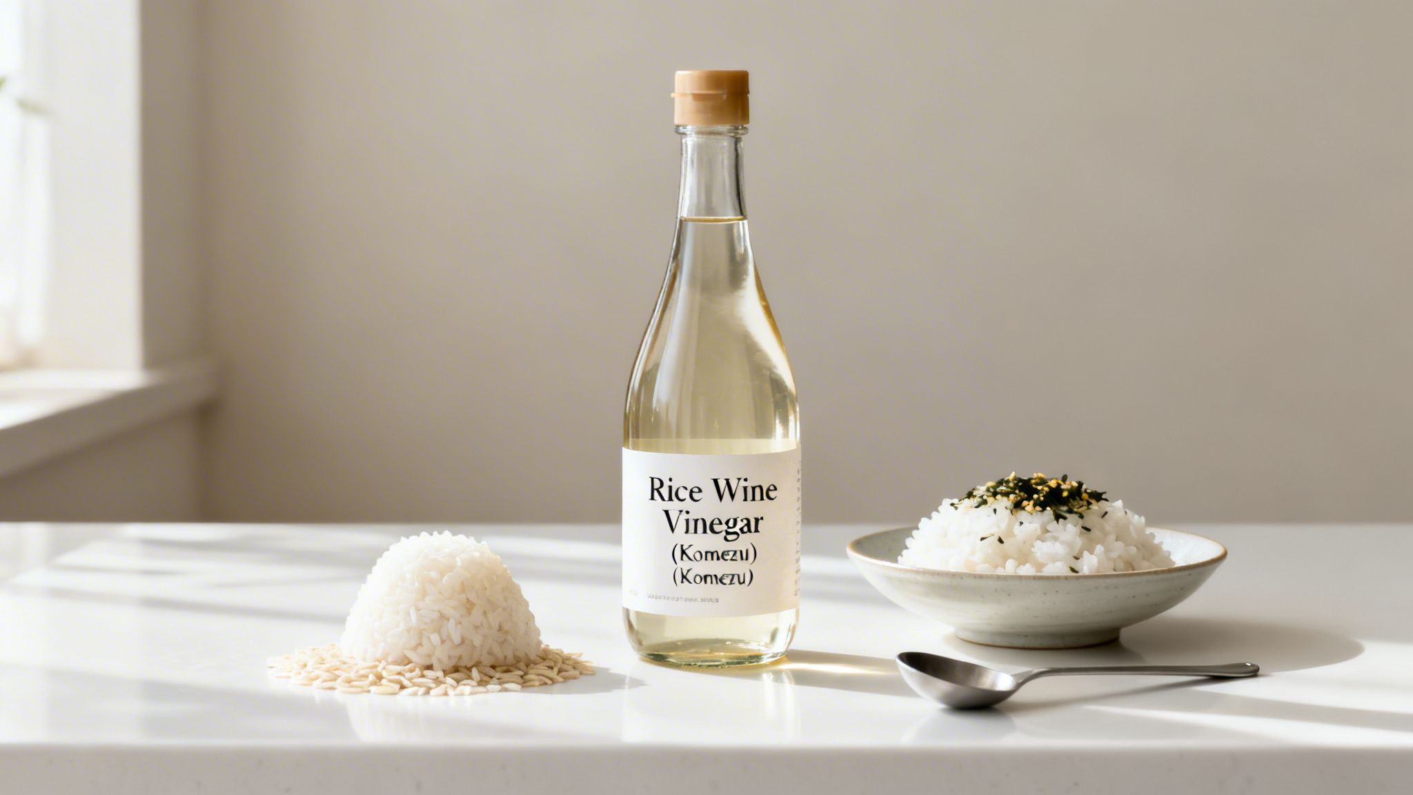 Butelka octu ryżowego, surowe ziarna ryżu i miska ugotowanego ryżu z furikake na stole.