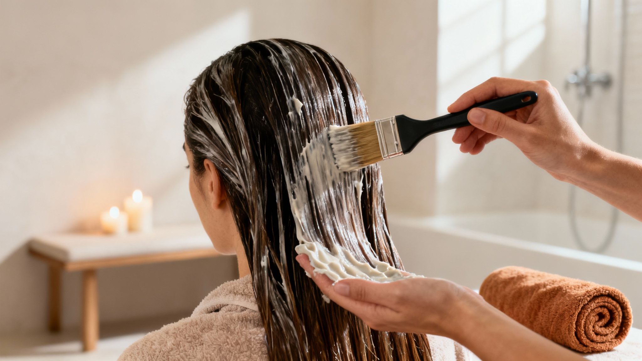 A person receives a hair mask treatment in a spa-like setting, applied to long, dark hair with a brush.