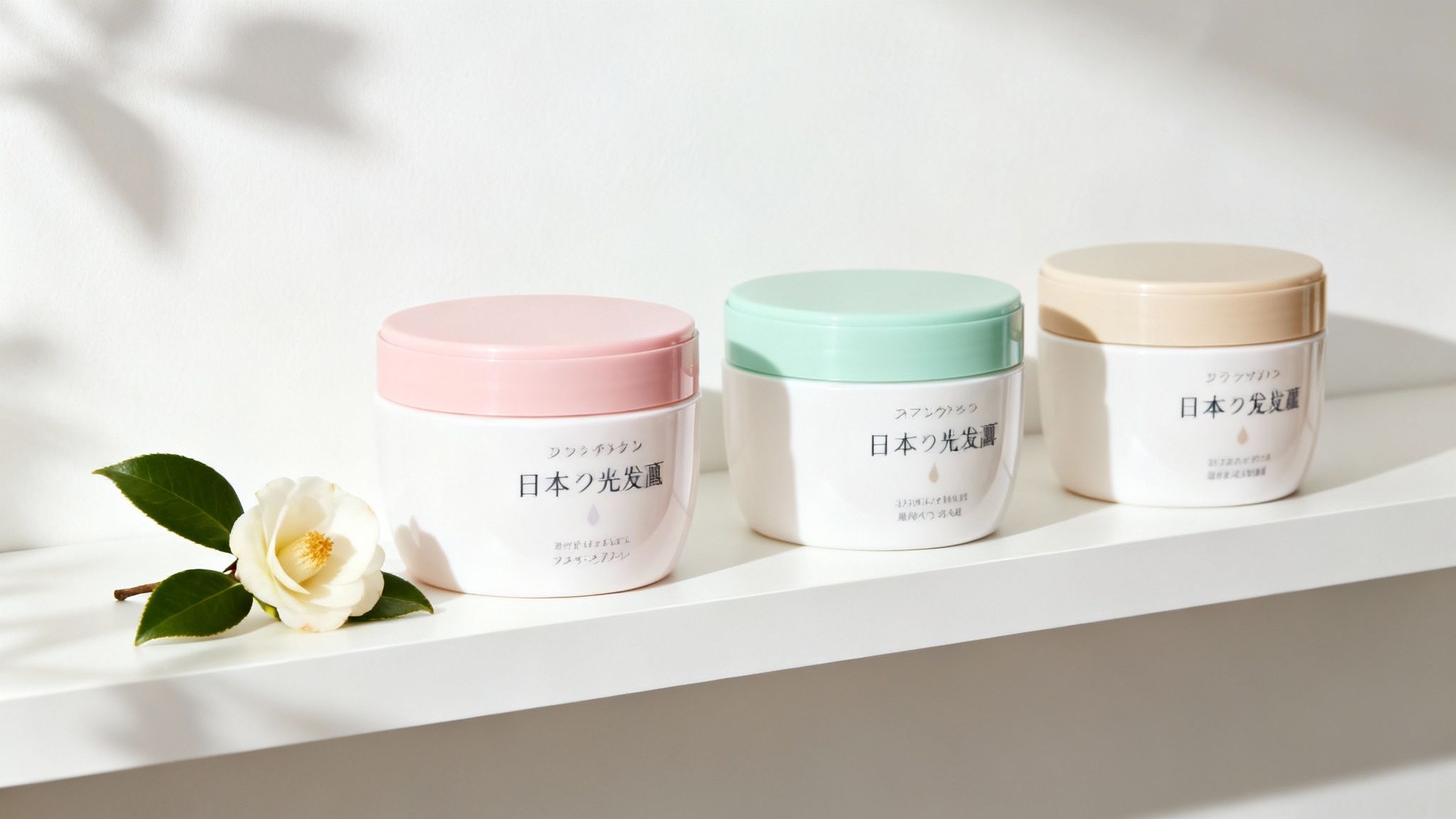 A serene display of three Japanese hair masks with pastel lids and a white camellia.