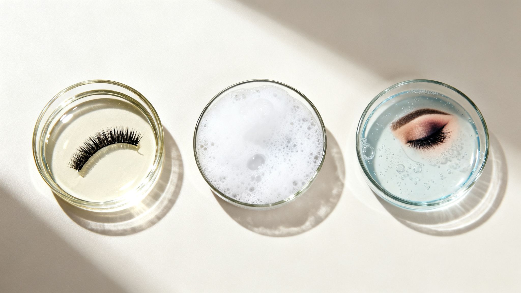 Petri dishes with a false lash, cleansing foam, and a stylized eye in solution.