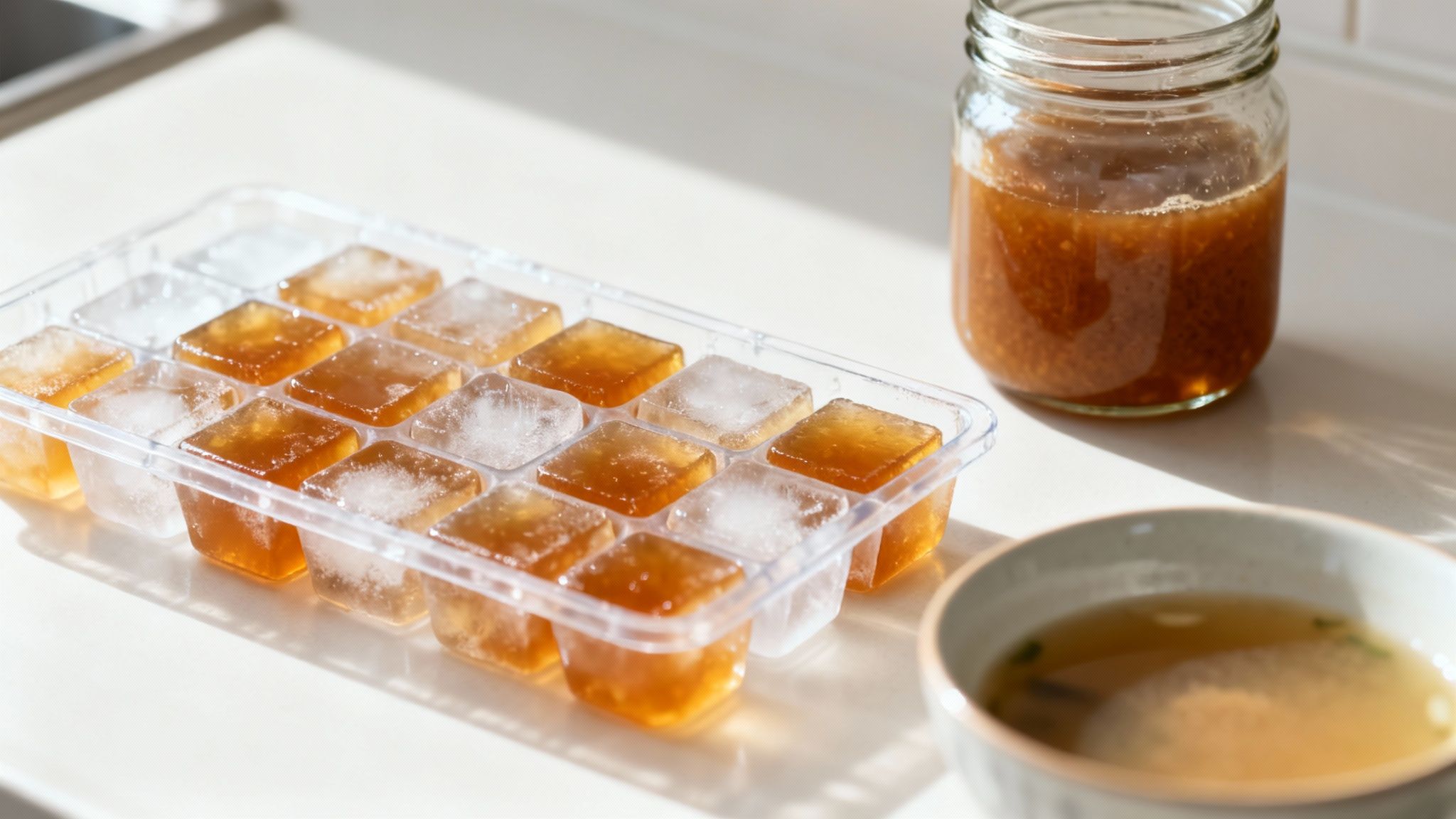Una bandeja de cubitos de hielo con cubos de caldo dashi congelado, un frasco de dashi concentrado y un tazón de sopa.