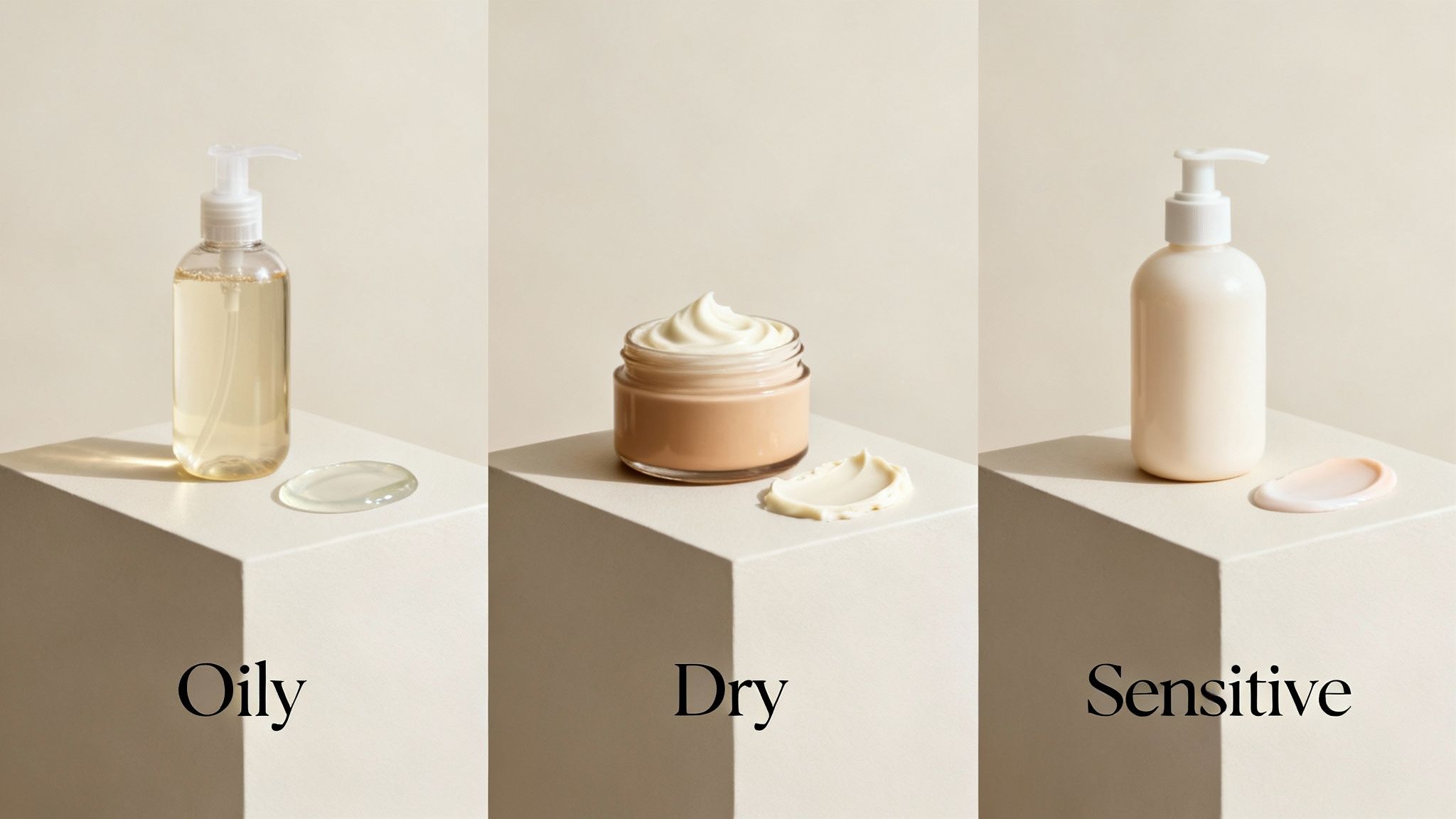 Three skincare products for oily, dry, and sensitive skin types on white pedestals.