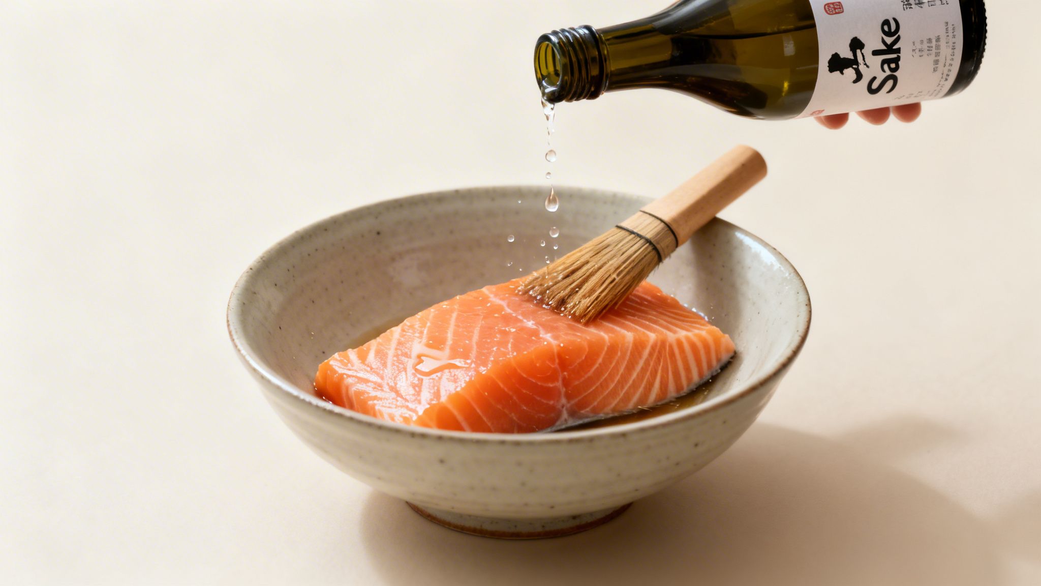 A hand pours sake from a bottle onto a raw salmon fillet in a bowl, with a basting brush.