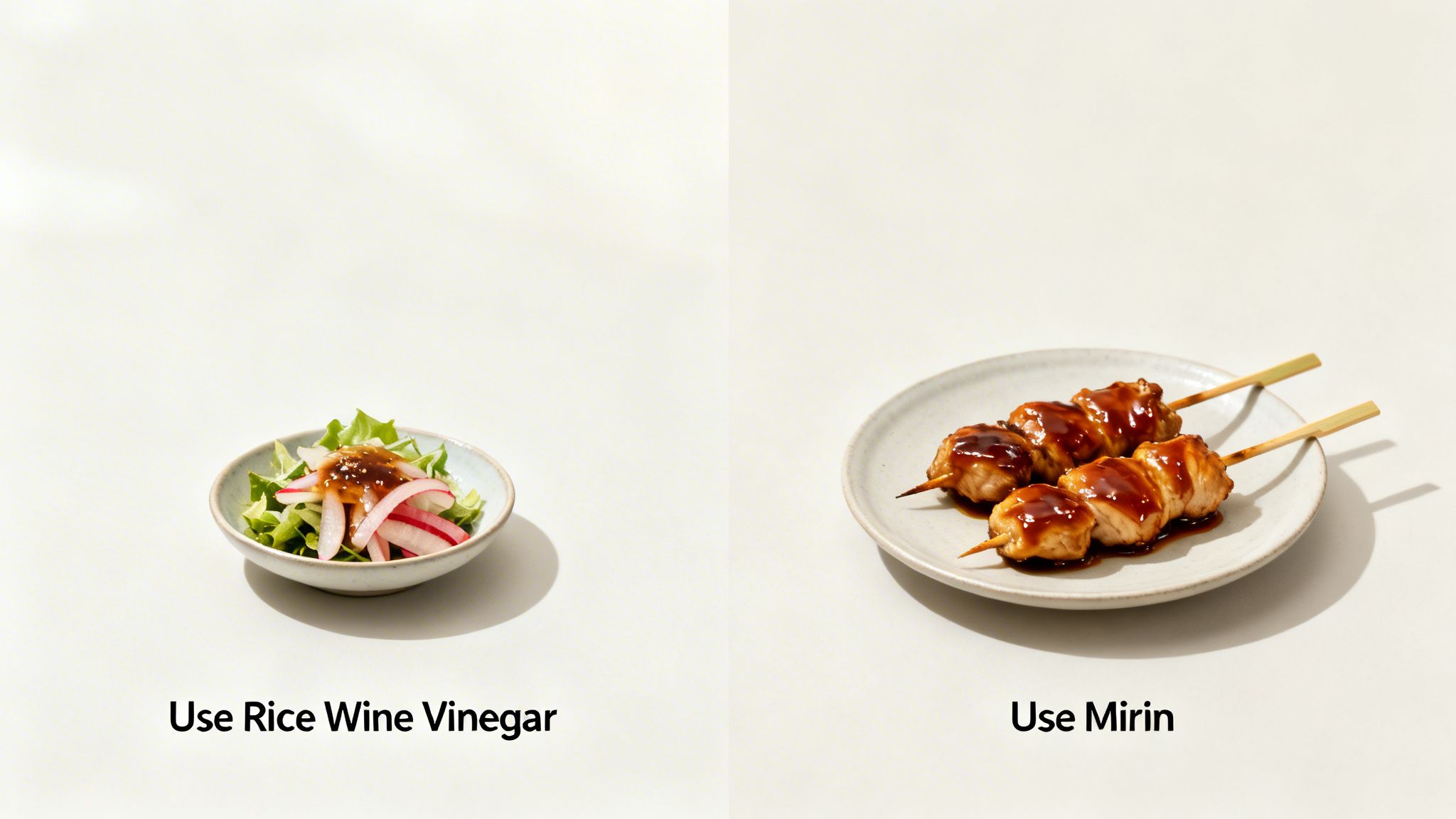 Świeża sałatka z dressingiem po lewej i glazurowane szaszłyki z kurczaka po prawej, pokazujące zastosowanie octu ryżowego i mirinu.