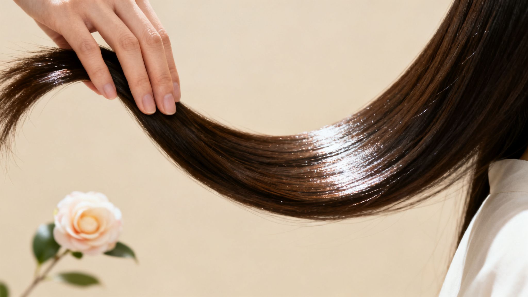 A hand holds a strand of long, shiny brown hair, with a soft pink camellia flower.