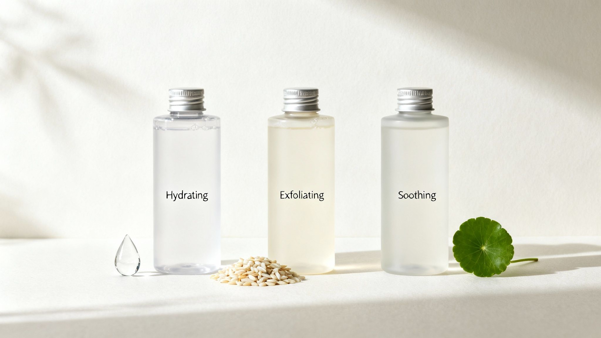 Tres tónicos para el cuidado de la piel para hidratar, exfoliar y calmar, acompañados de una gota de agua, granos y una hoja.