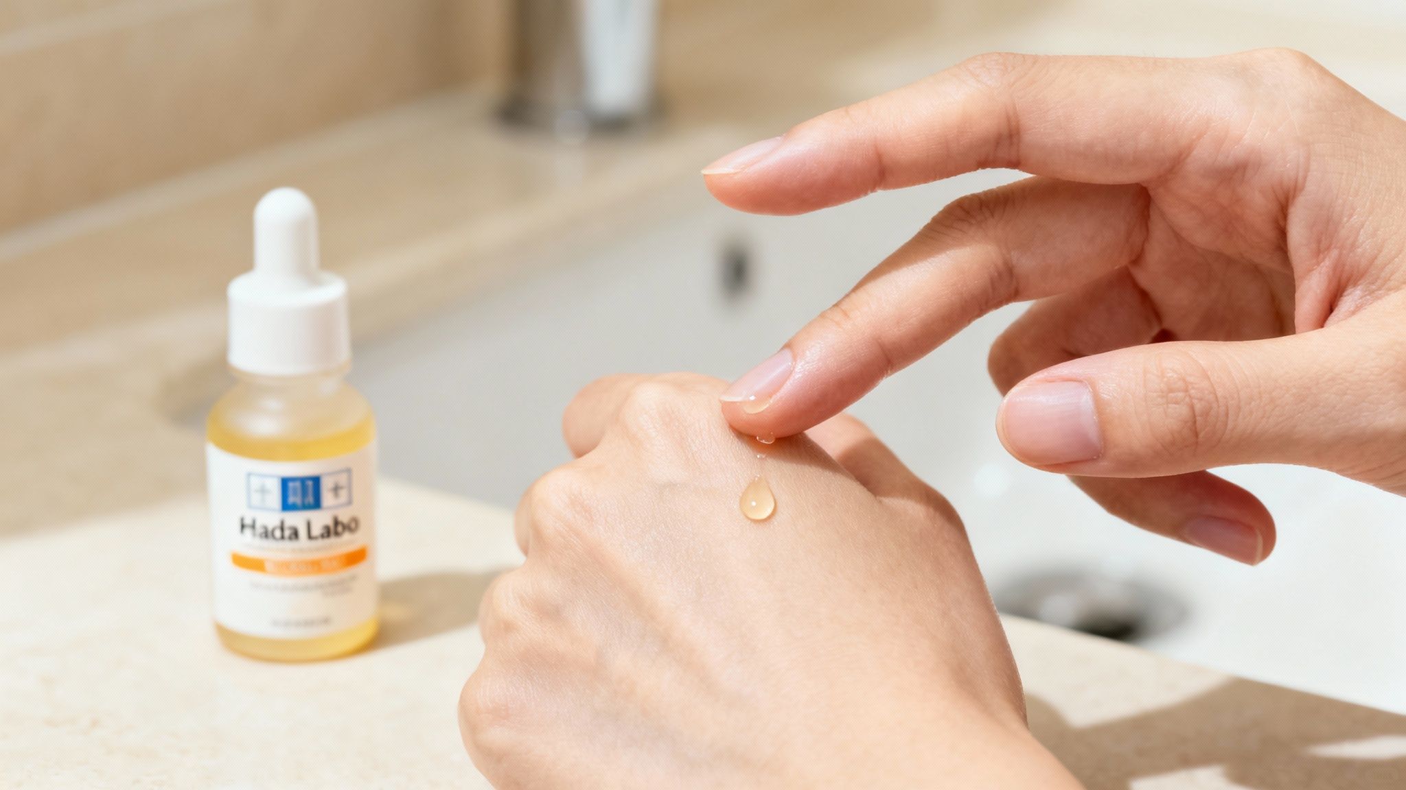 Close-up of hands applying Hada Labo serum drops, demonstrating a skincare routine.