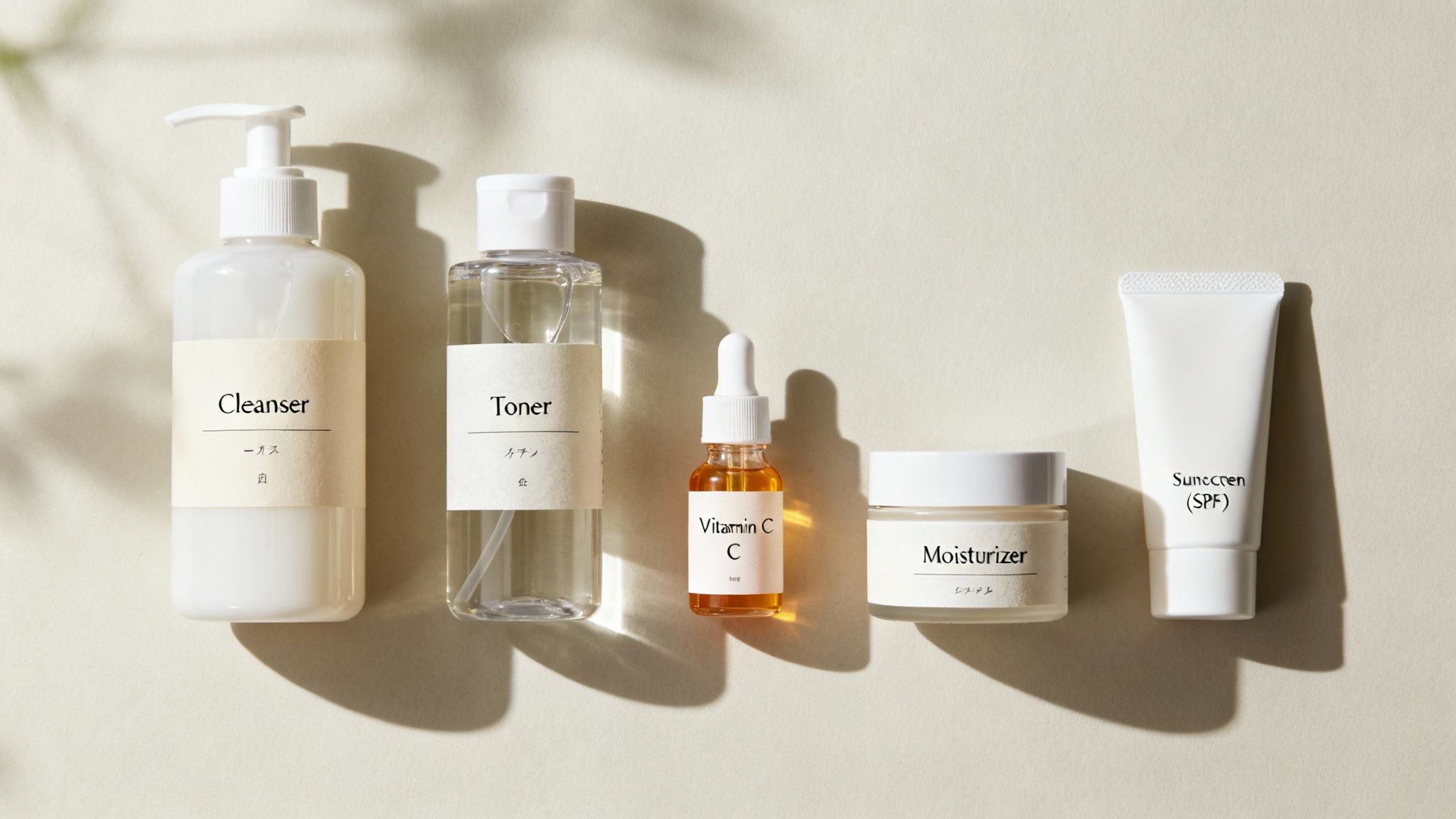 A complete skincare routine featuring cleanser, toner, vitamin C serum, moisturizer, and sunscreen products.