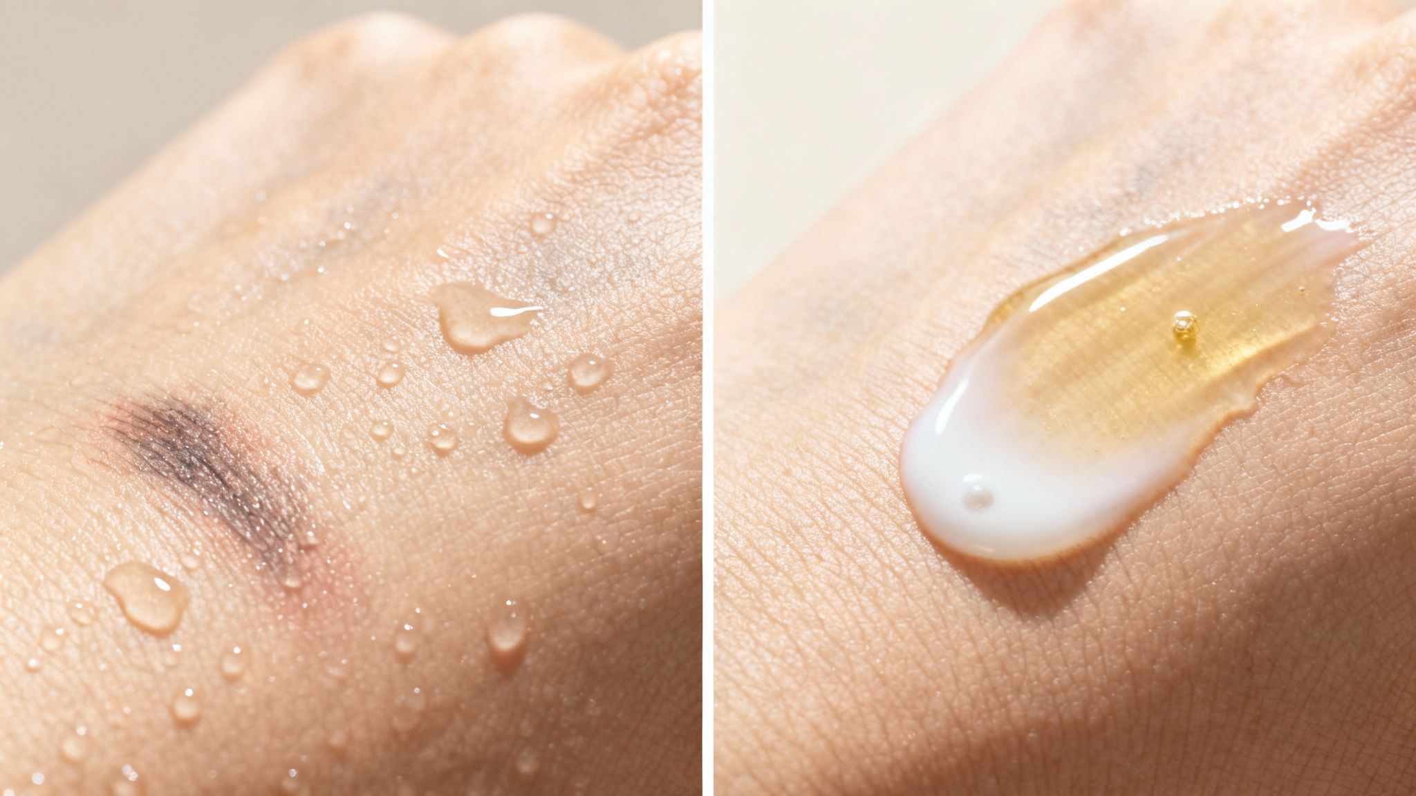 Lähikuva ihosta, jossa on meikkiä ja vesipisaroita, sekä kaksi erilaista puhdistustuotetta.