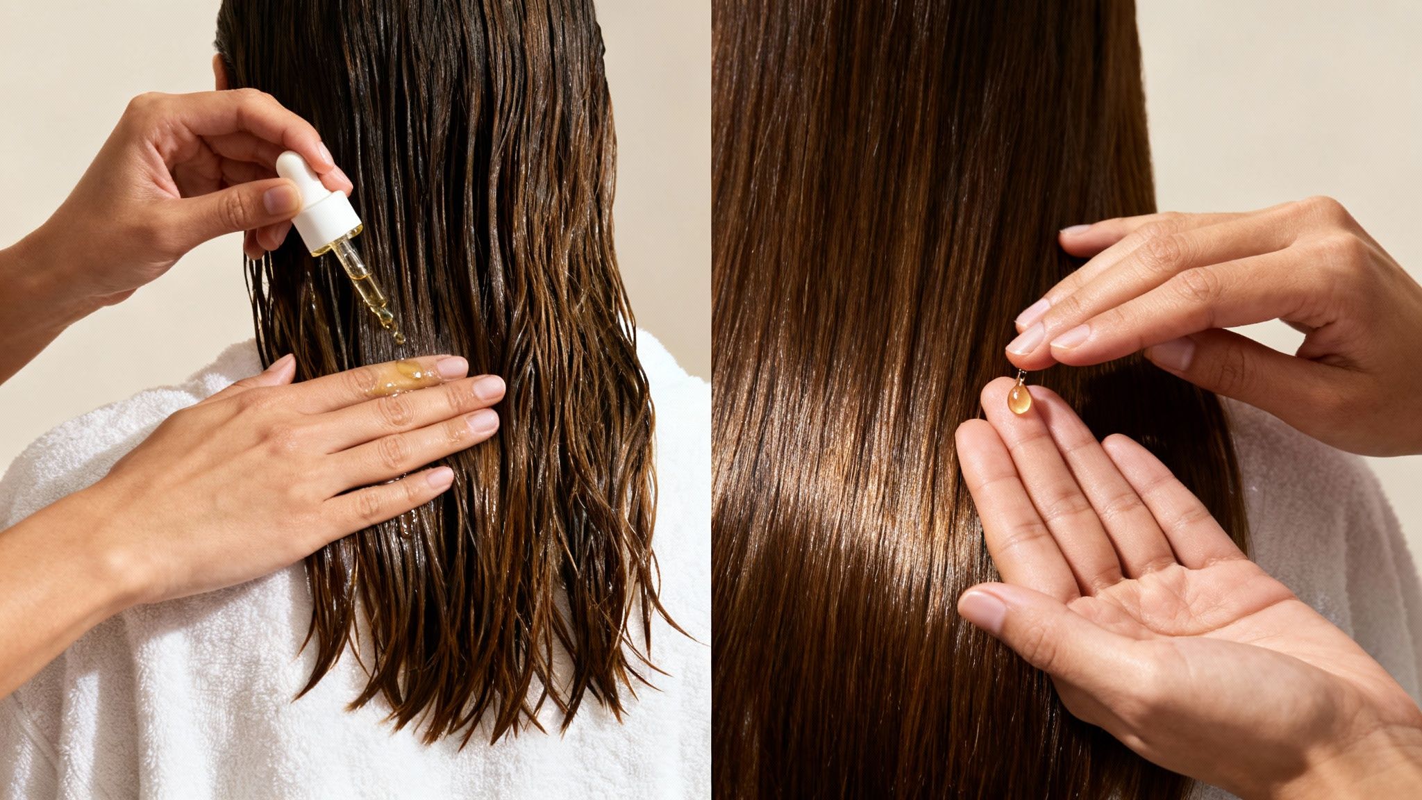 Hands apply hair serum to wet hair from a dropper, showing the process and smooth, finished results.
