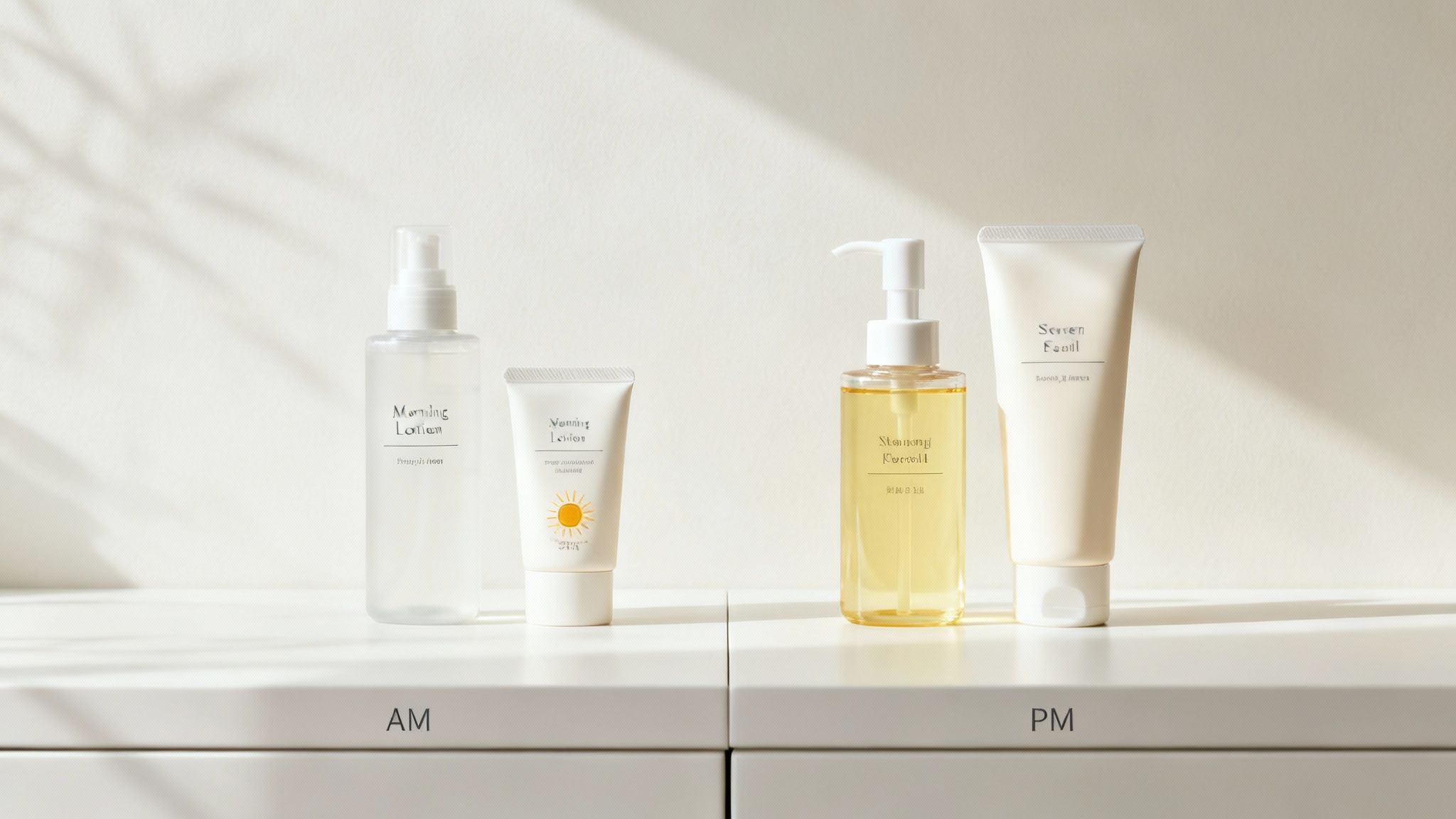 Four minimalist skincare products arranged for morning and evening routines on a white shelf.
