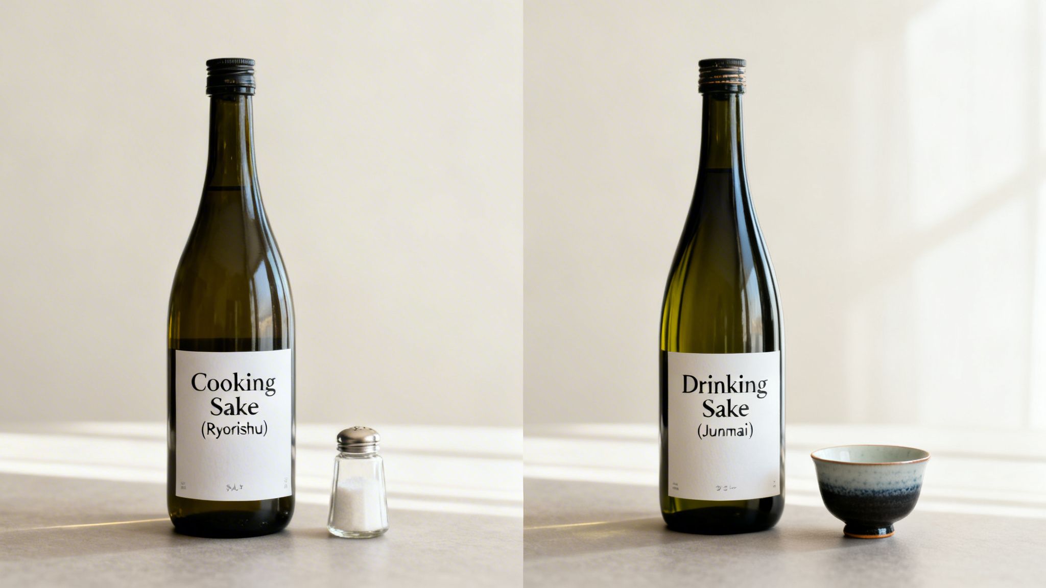 Two bottles of sake: cooking sake (Ryorishu) with salt, and drinking sake (Junmai) with a cup.