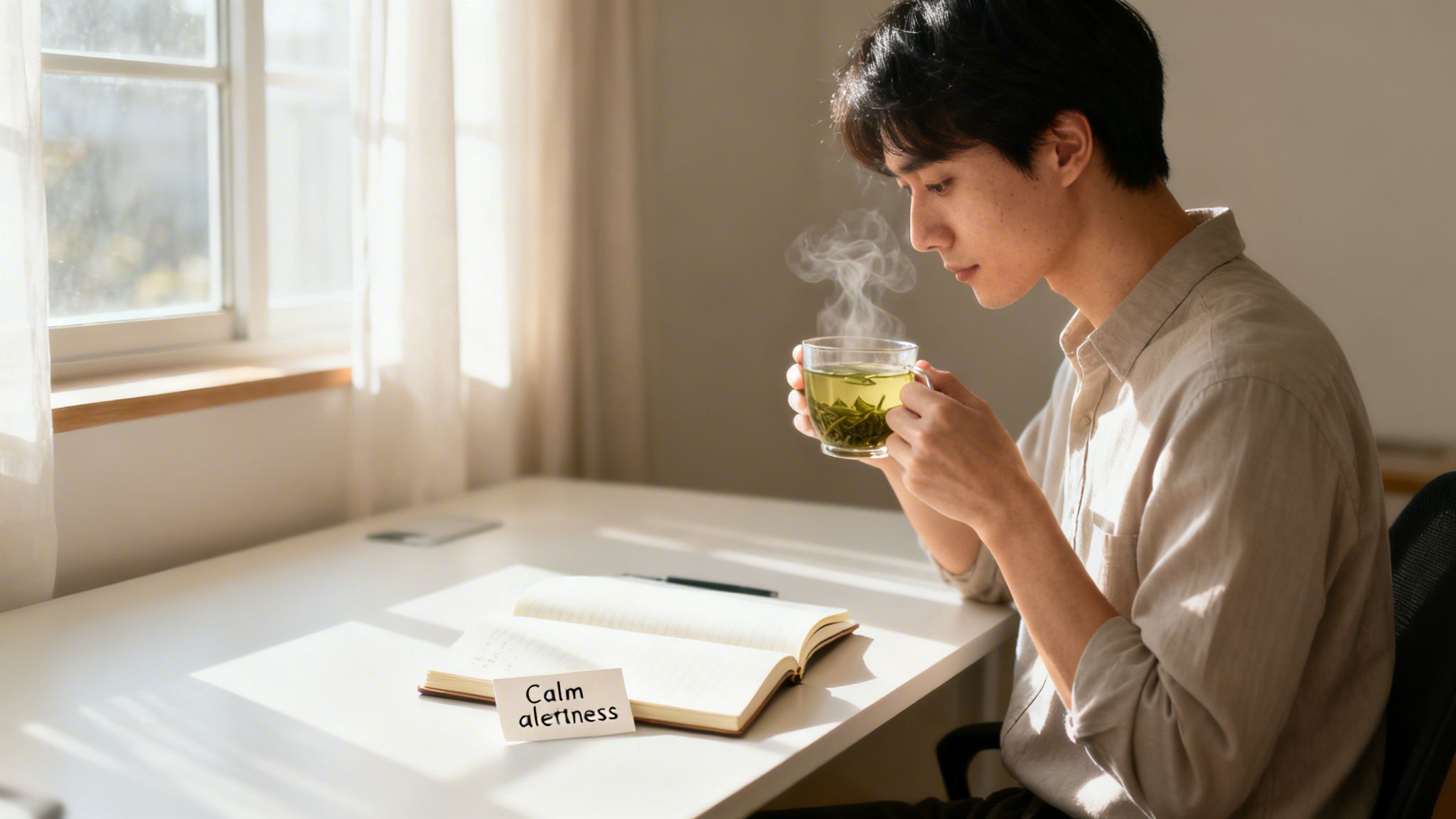 Un jeune homme sirote un thé vert fumant à un bureau baigné de soleil avec un carnet et une note intitulée « Vigilance calme ».