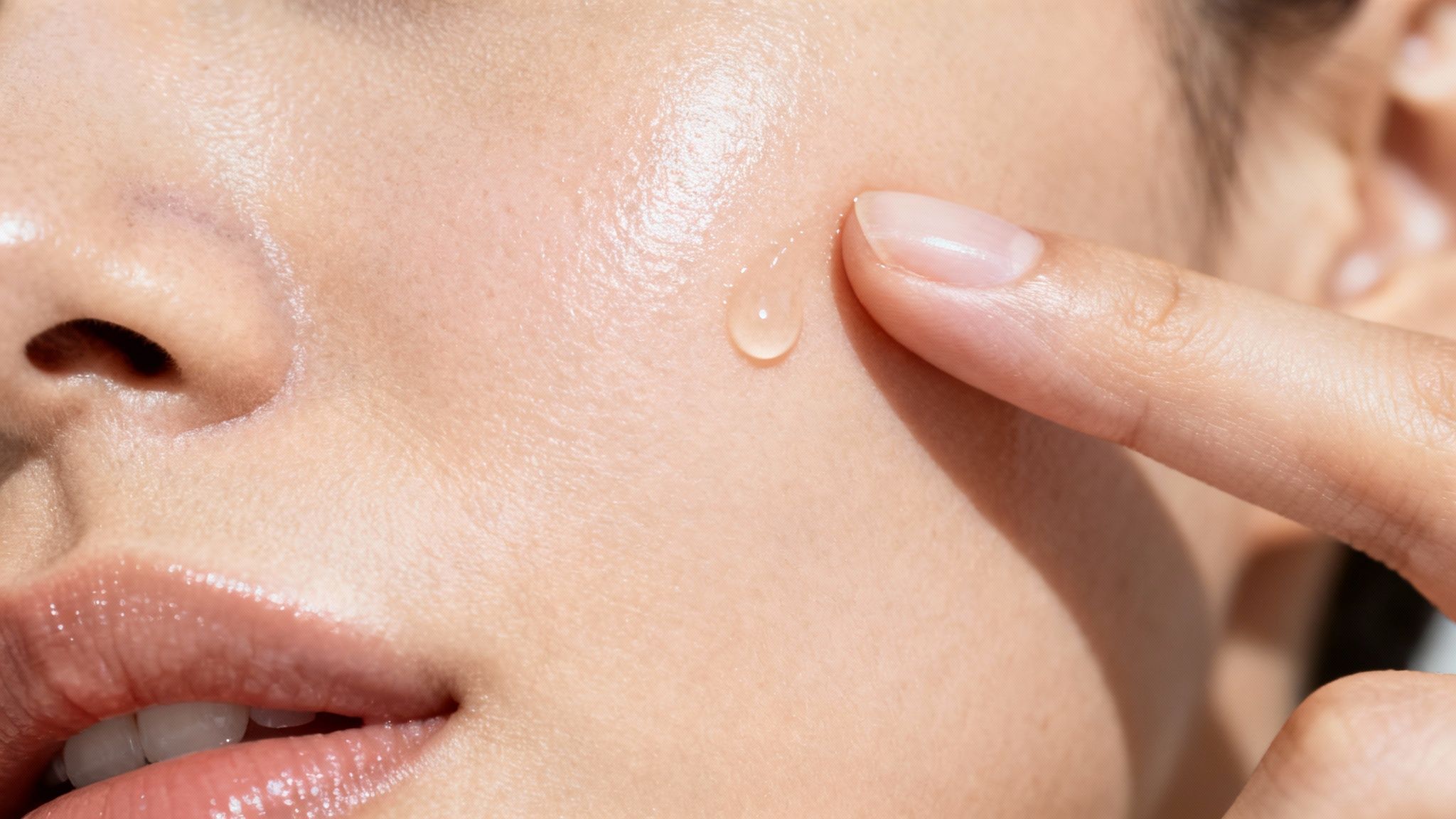 A close-up of a person's finger applying a hydrating serum drop to healthy skin.