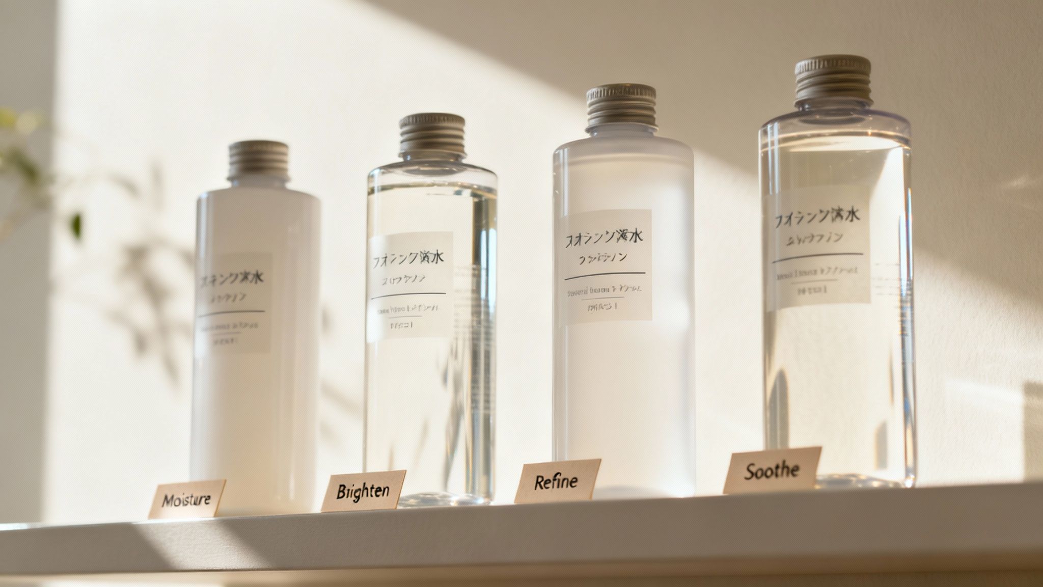 Cuatro botellas cosméticas minimalistas, etiquetadas como Hidratación, Iluminar, Refinar, Calmar, están sobre una estantería blanca.