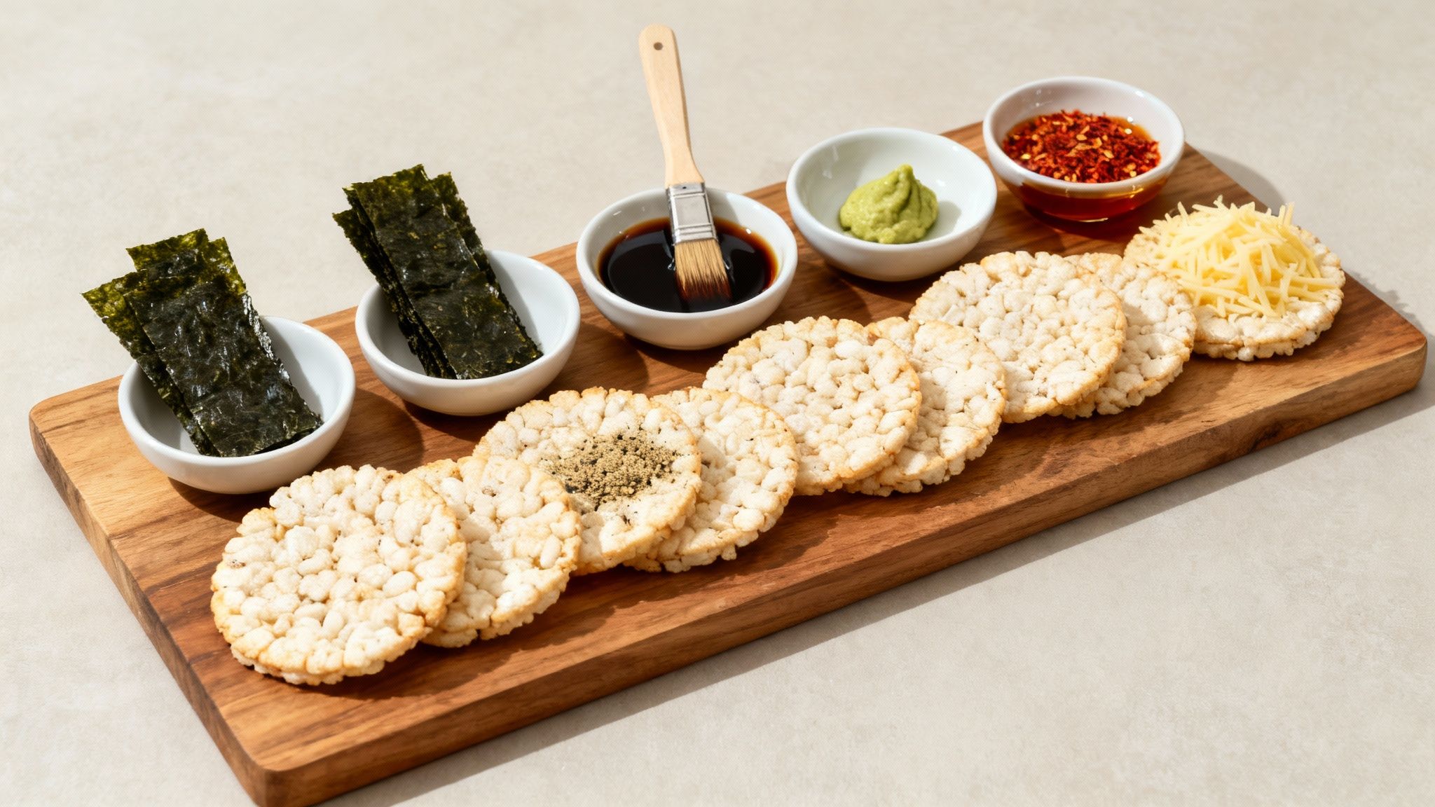 An inviting display of crispy rice crackers served with diverse toppings including seaweed, soy sauce, and cheese.