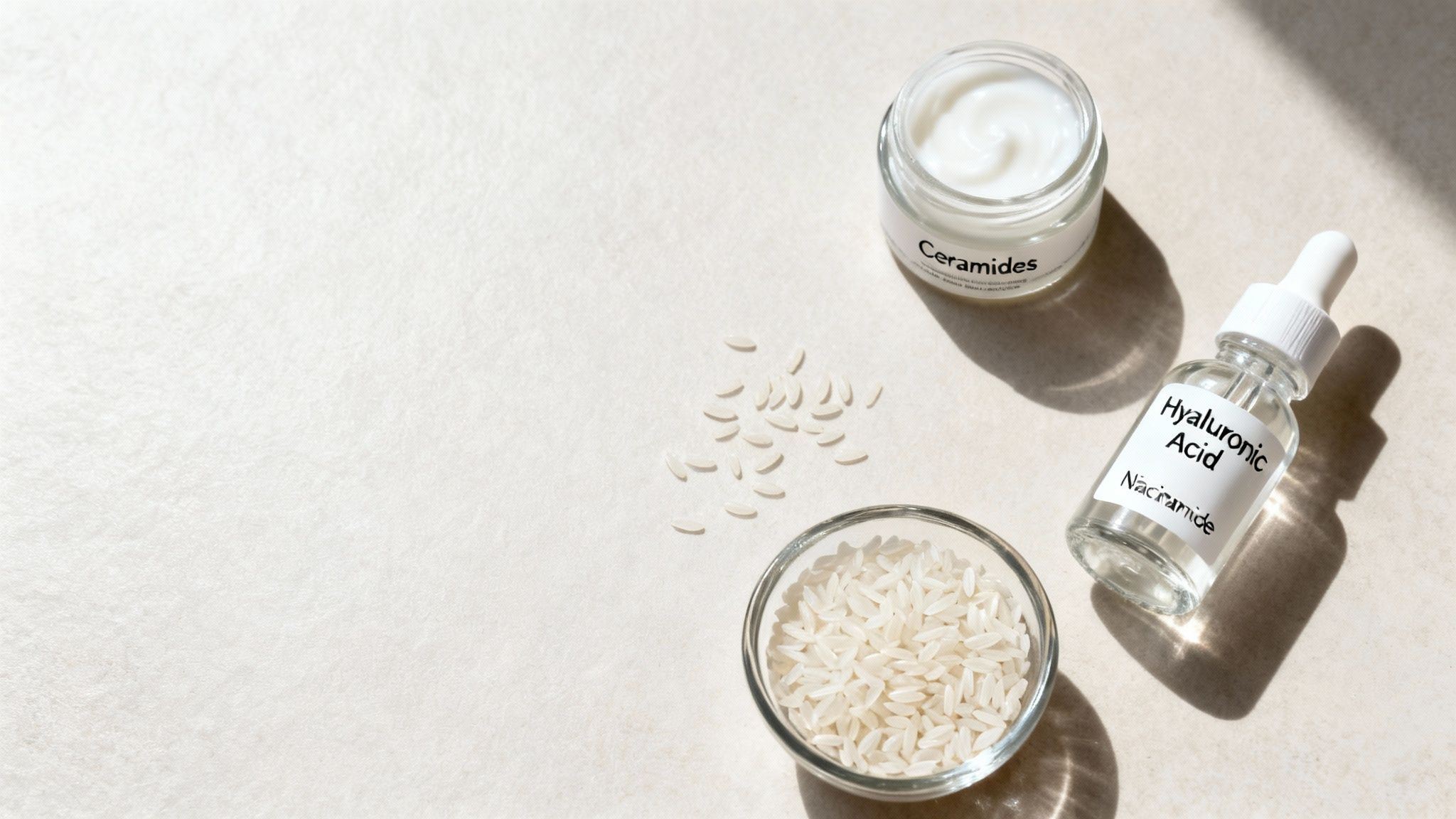 Top-down view of a ceramide cream jar, hyaluronic acid serum, and rice grains.