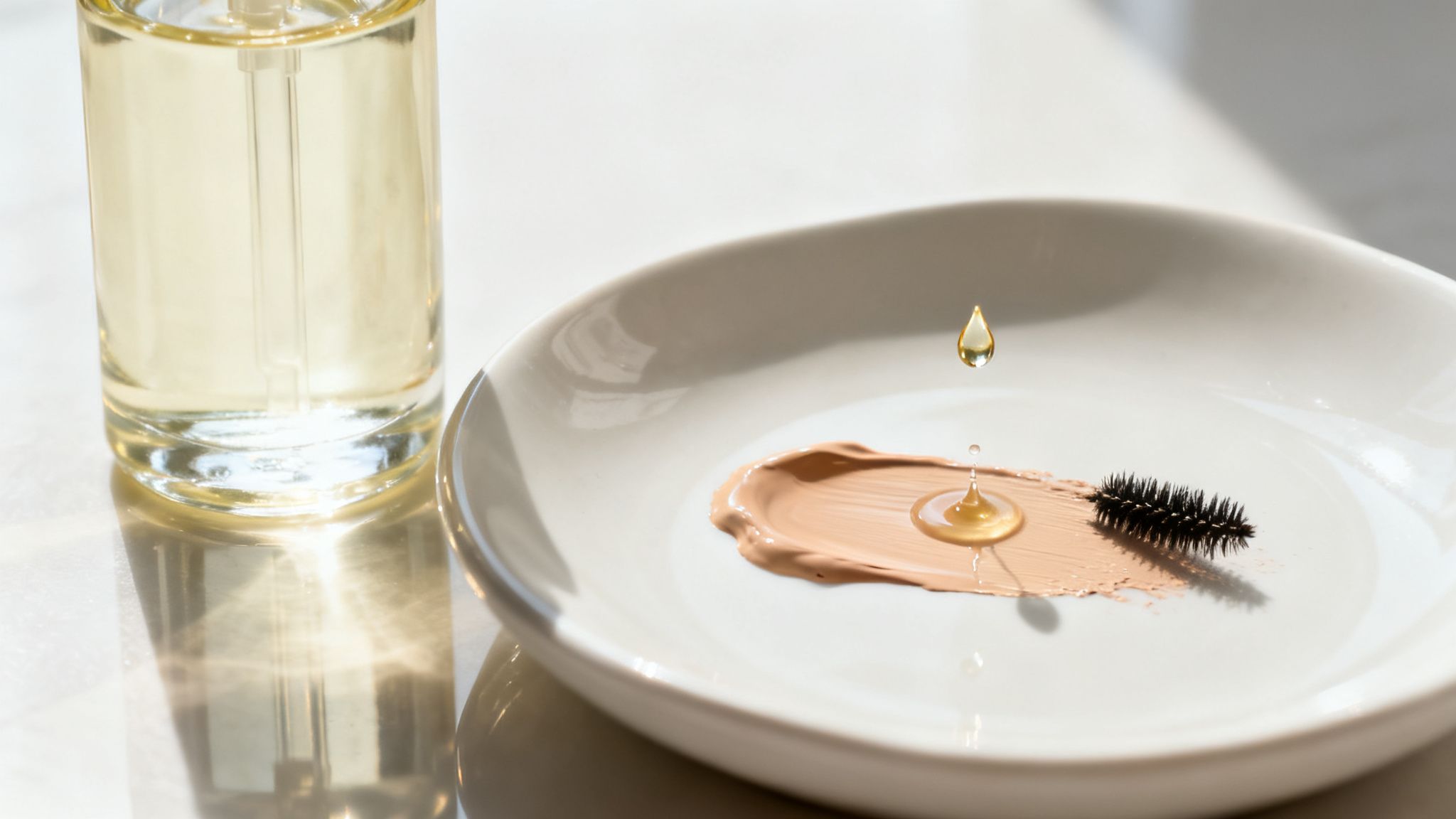 Cleansing oil bottle, with oil dropping onto foundation and a mascara wand on a plate.