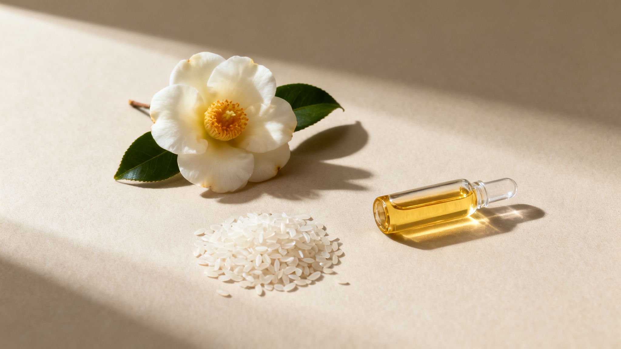 A white camellia flower, a pile of rice, and a golden liquid ampoule on a beige surface.