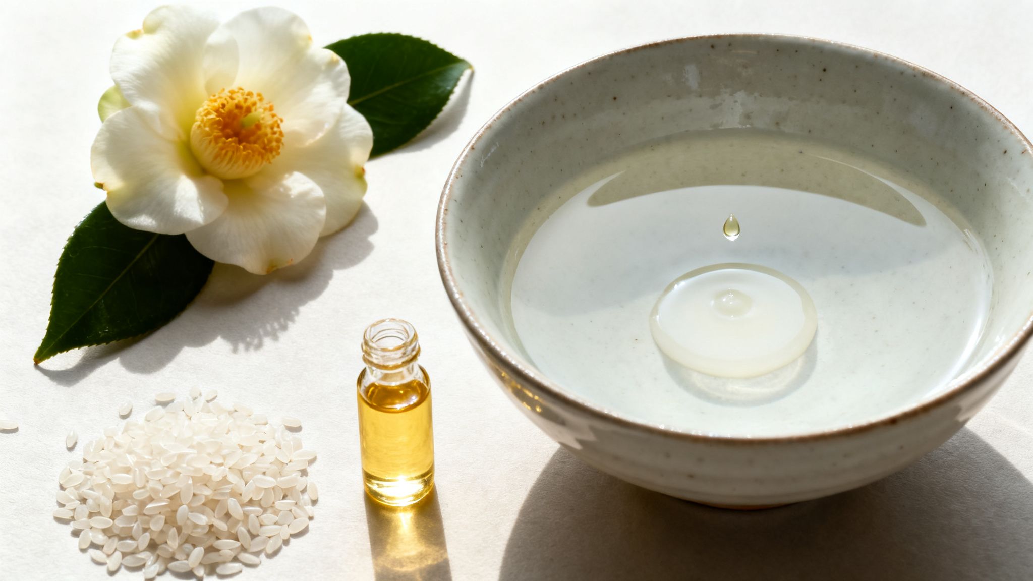 A white camellia flower, rice grains, and oil dropping into a bowl of clear water.