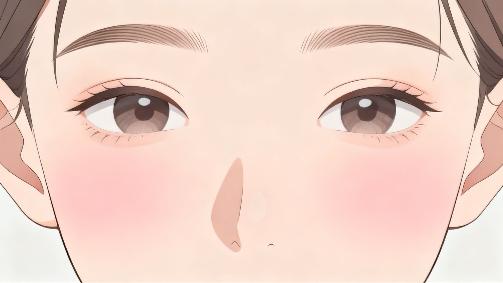 A close-up anime illustration of a woman's face, showing her brown eyes, delicate eyebrows, and pink blush.