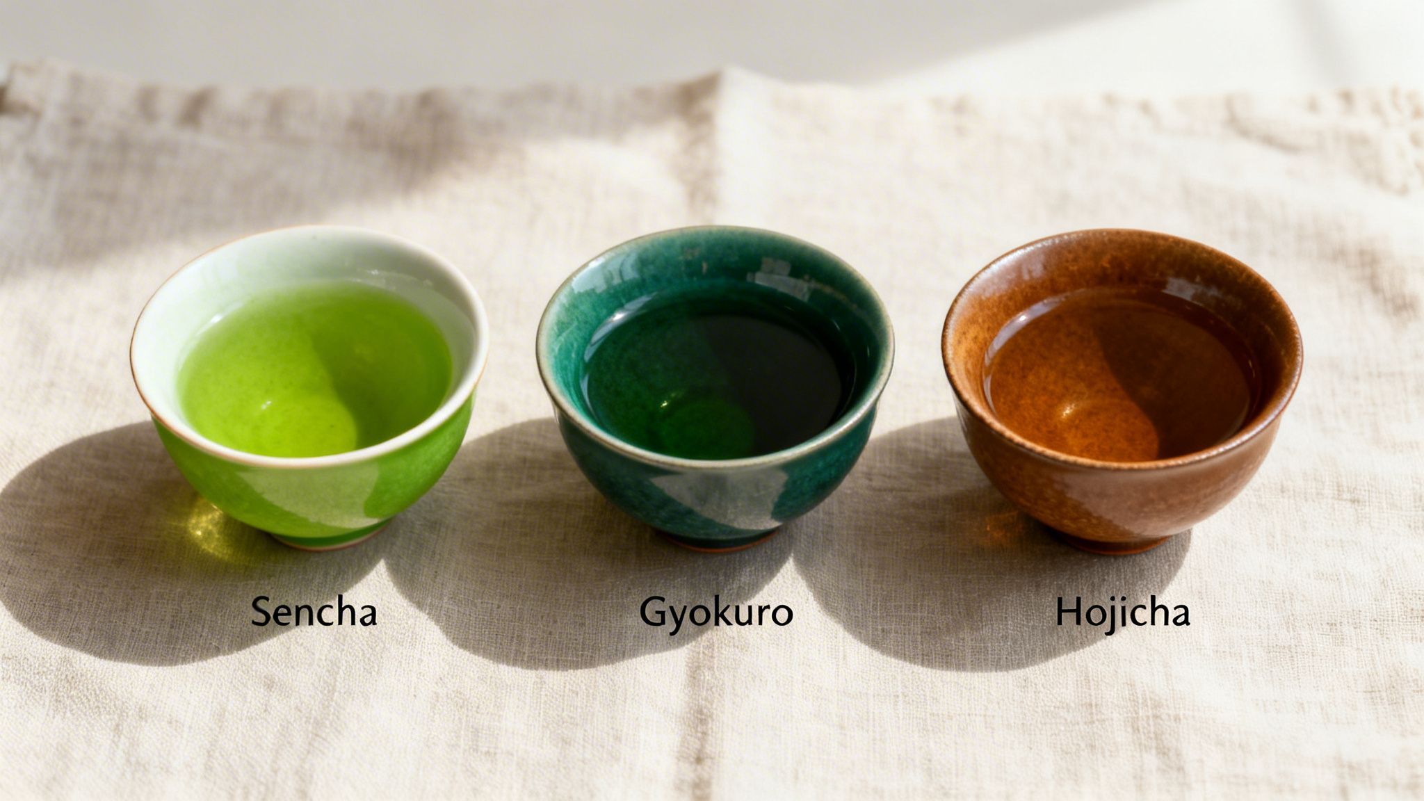 Trois thés japonais distincts : Sencha vert vif, Gyokuro vert foncé, et Hojicha brun dans des tasses en céramique.
